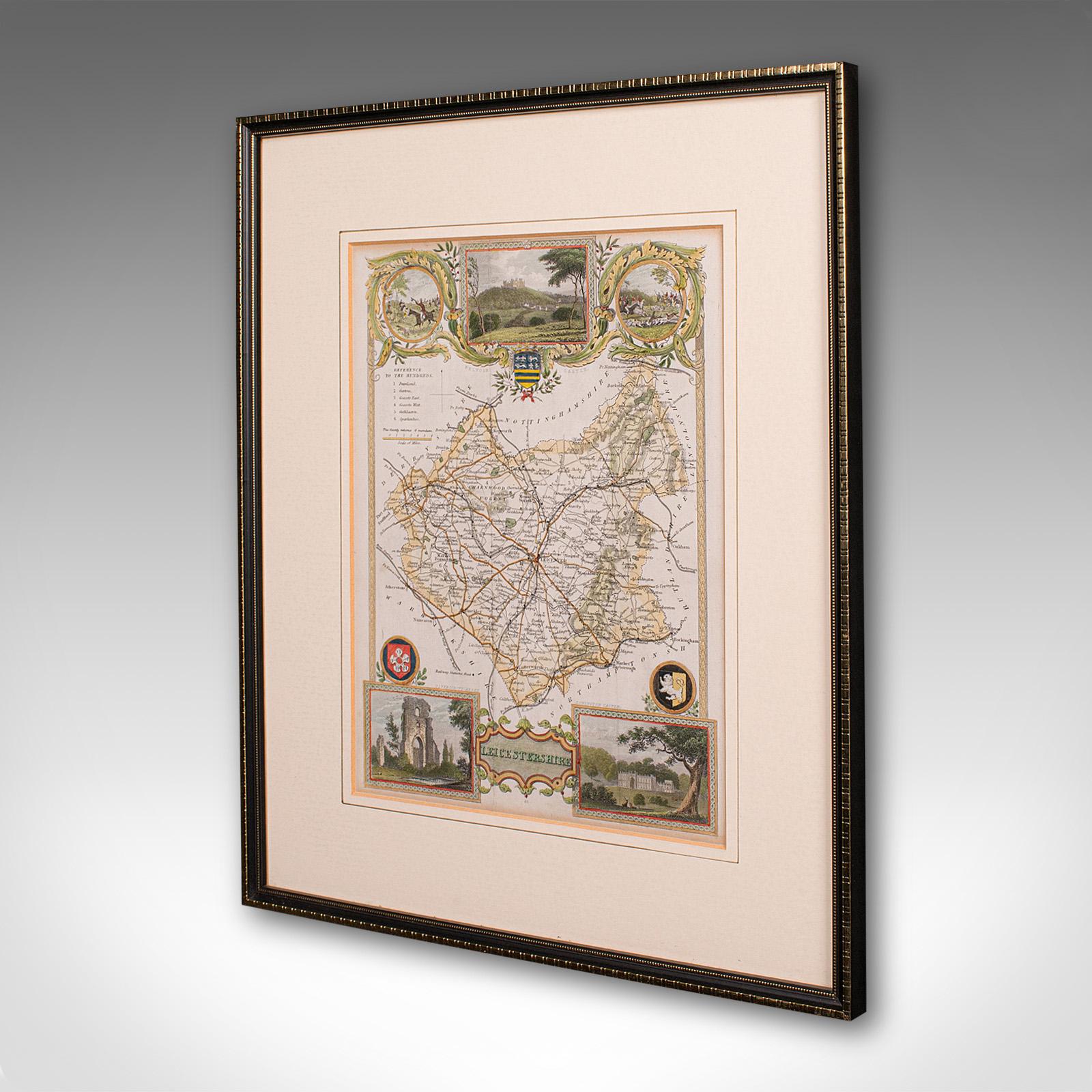 British Antique Leicestershire Map, English, Framed Cartographic Interest, Victorian For Sale