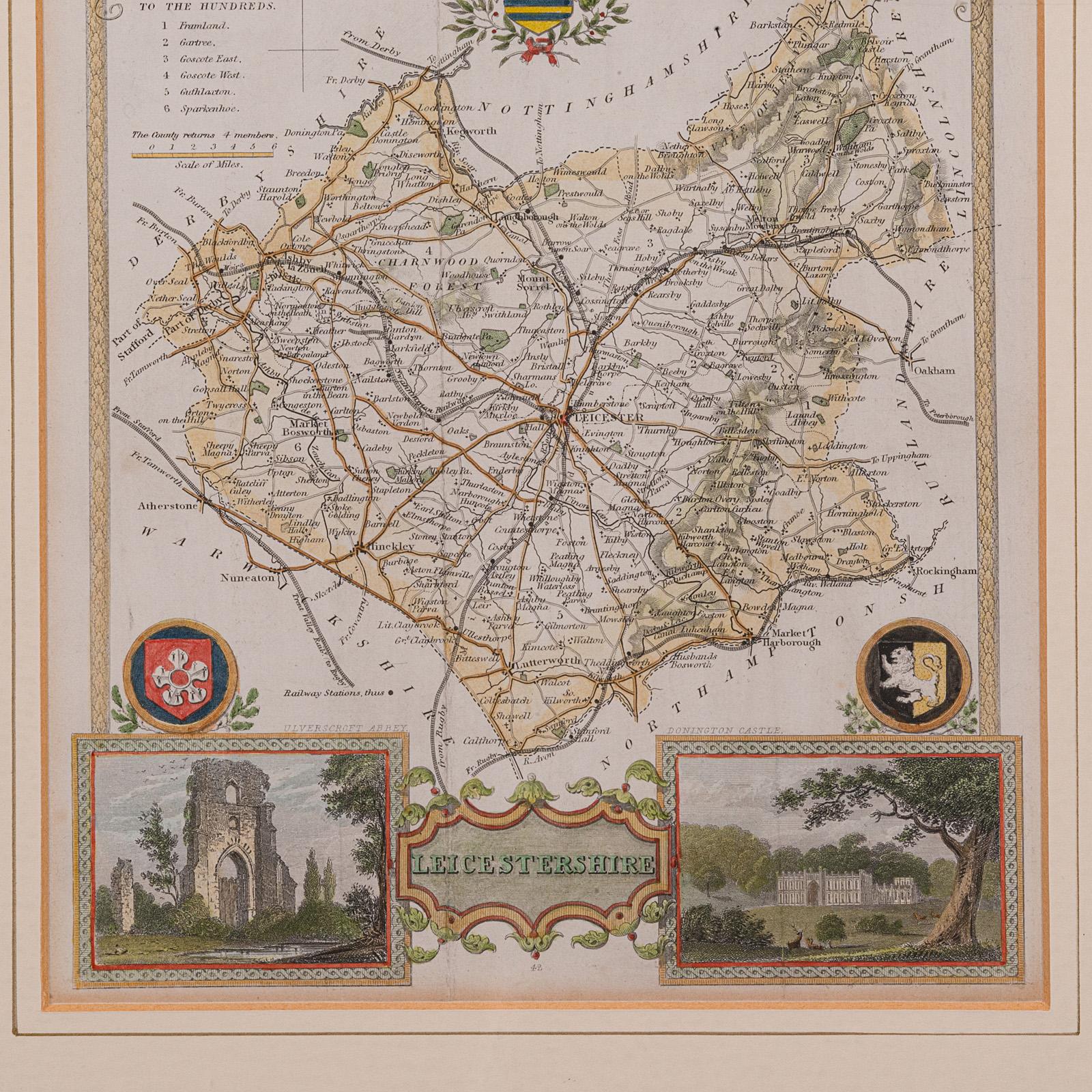 Wood Antique Leicestershire Map, English, Framed Cartographic Interest, Victorian For Sale