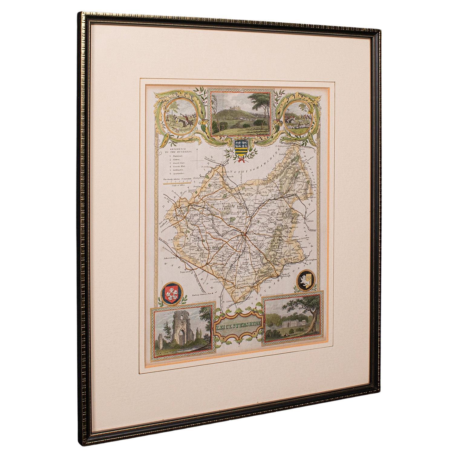 Antique Leicestershire Map, English, Framed Cartographic Interest, Victorian For Sale