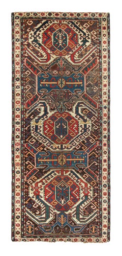 Antique Lenkoran Kazak Runner Rug, Red & Blue Geometric Medallions - Rug & Kilim