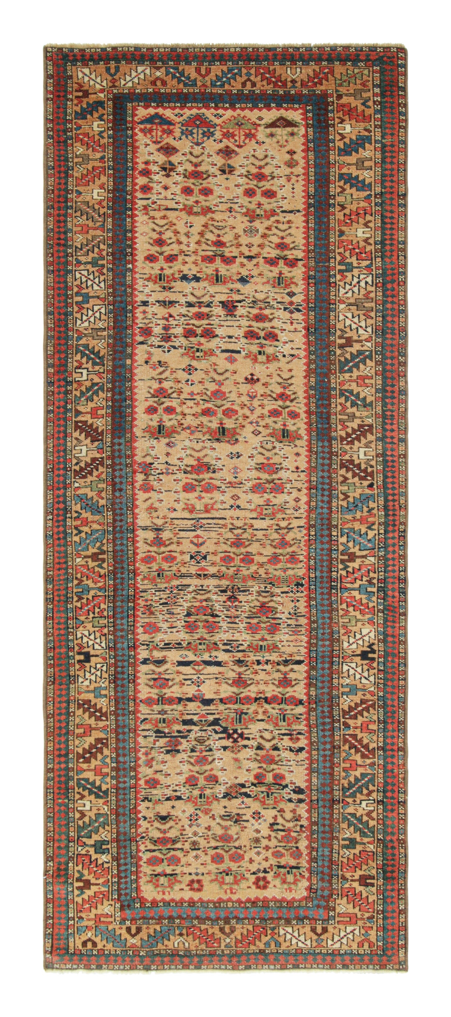 Antique Lenkoran Kazak Runner Rug, Red & Blue Geometric Medallions - Rug & Kilim