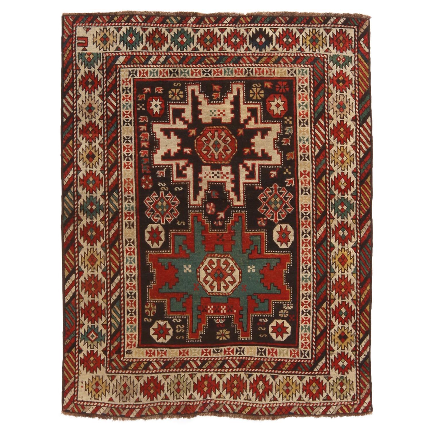Antique Lesgi Star Traditional Red and Beige Wool Rug