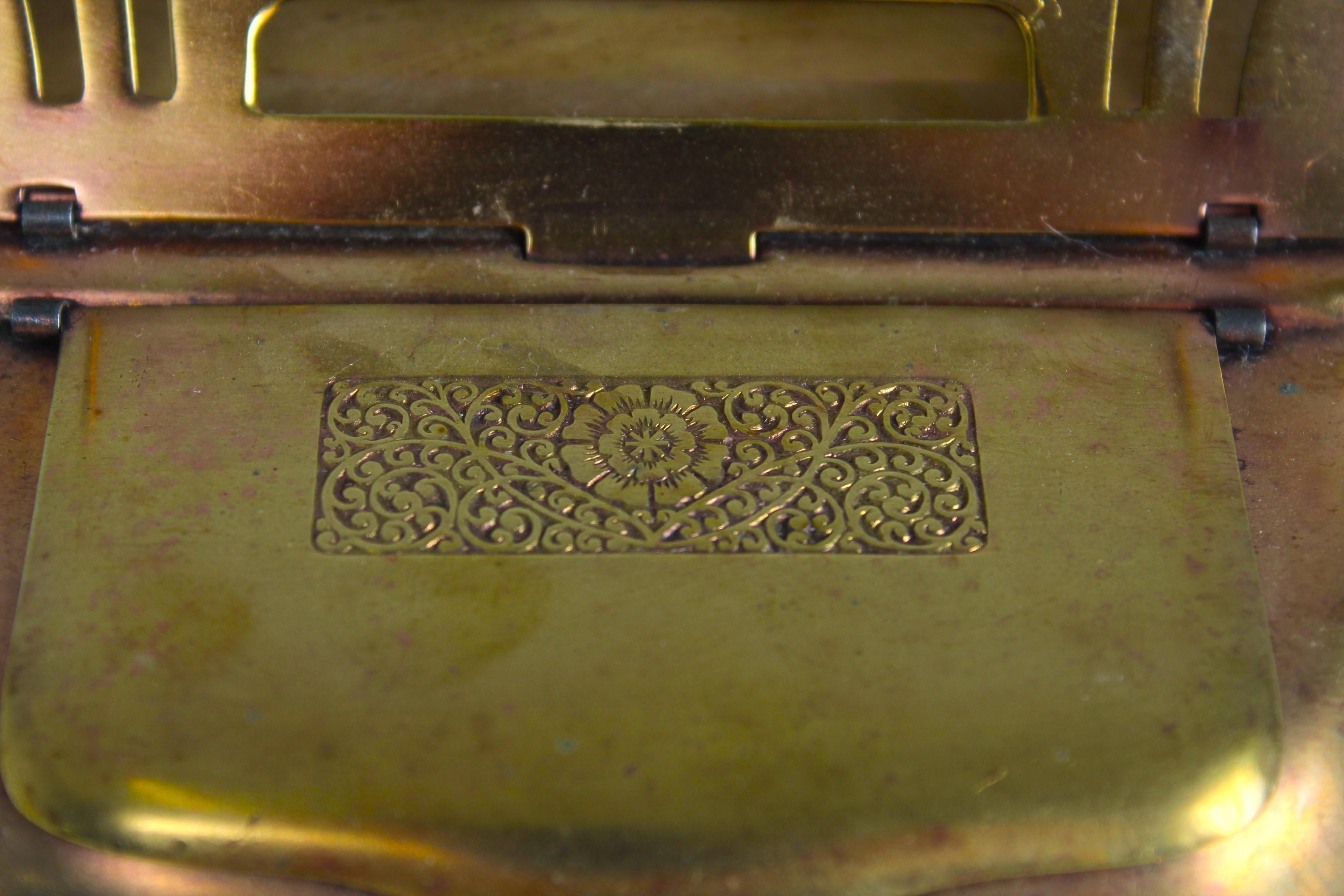 Brass Antique Letter Holder, Inkwell, Art Nouveau, Circa 1930s, Belle Epoque For Sale