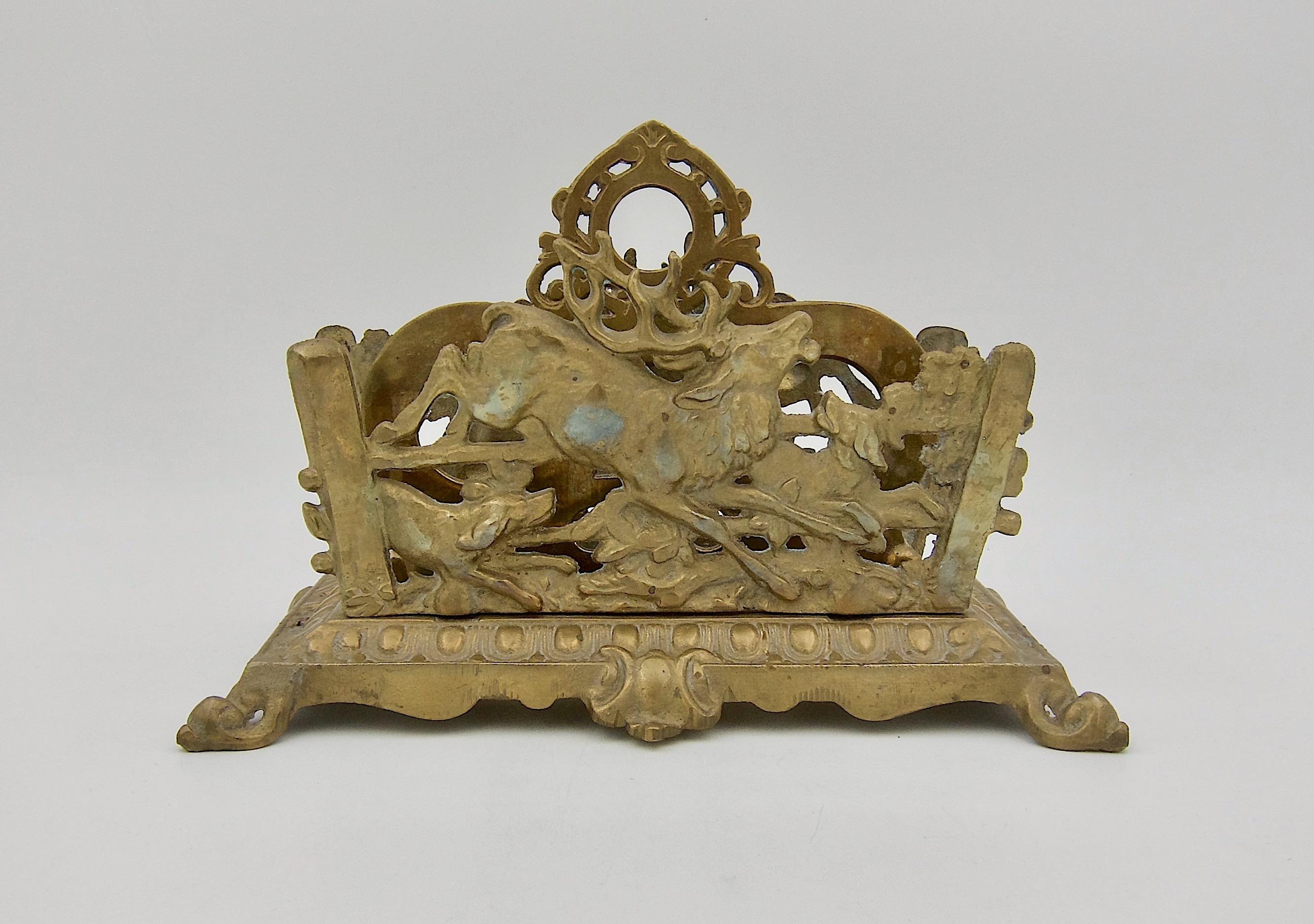 An antique letter holder from Bradley and Hubbard Manufacturing Company (1854-1949) of Meriden, Connecticut, dating circa 1885. This substantial Victorian desk accessory is made of cast iron plated with brass. This same Bradley & Hubbard letter