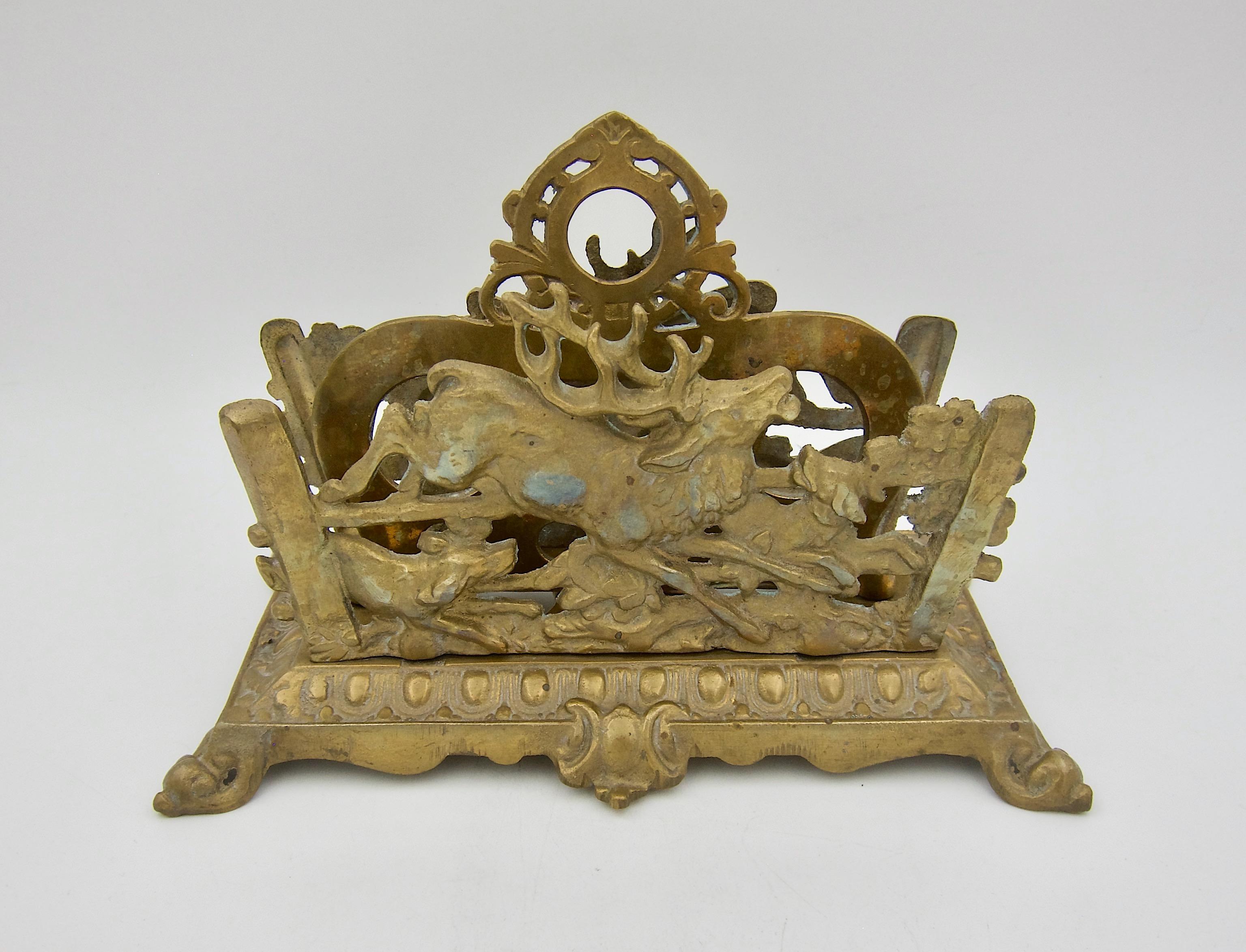 American Antique Letter Holder with Victorian Hunt Scene by Bradley and Hubbard