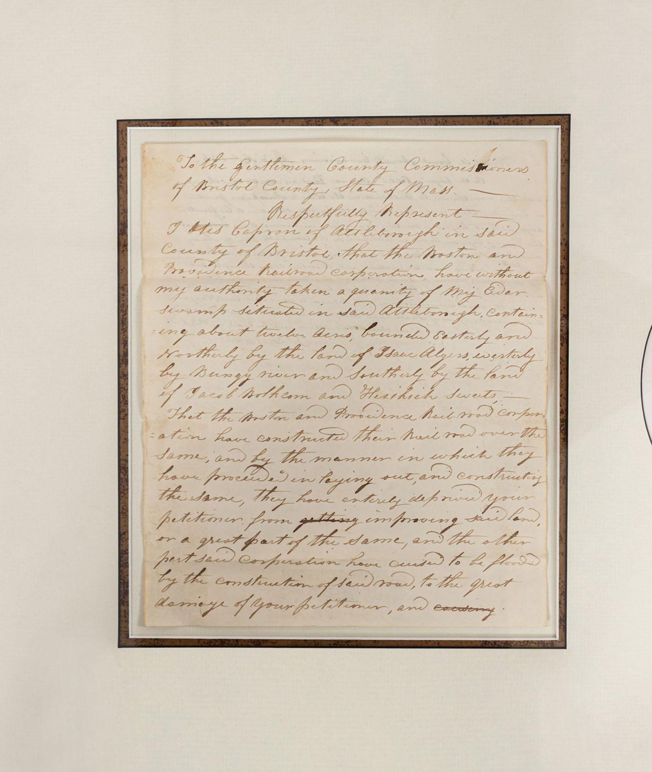 Collection de copies américaines (19e siècle) de deux lettres des années 1830 dans un passe-partout blanc avec un portrait central ovale imprimé d'un gentleman (Otis Cafron) dans un cadre en bois doré.