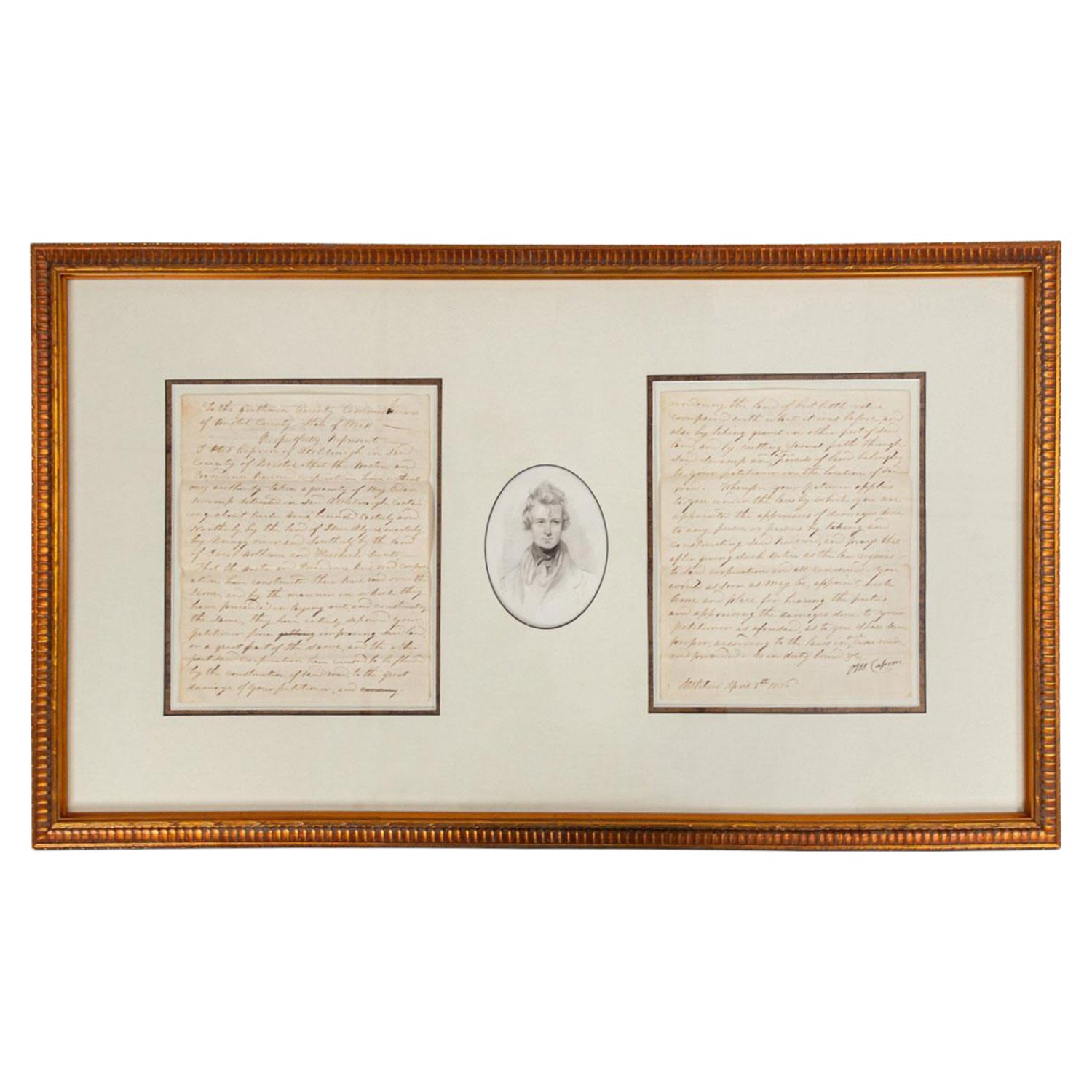 Antique Letters with Central Oval Portrait in a Wooden Frame