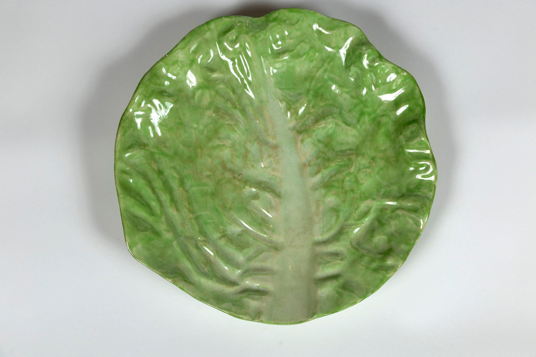 Antique Lettuce Leaf Platter, Wannopee Pottery, circa 1900. Striking green majolica glaze. Stamped TRADE 