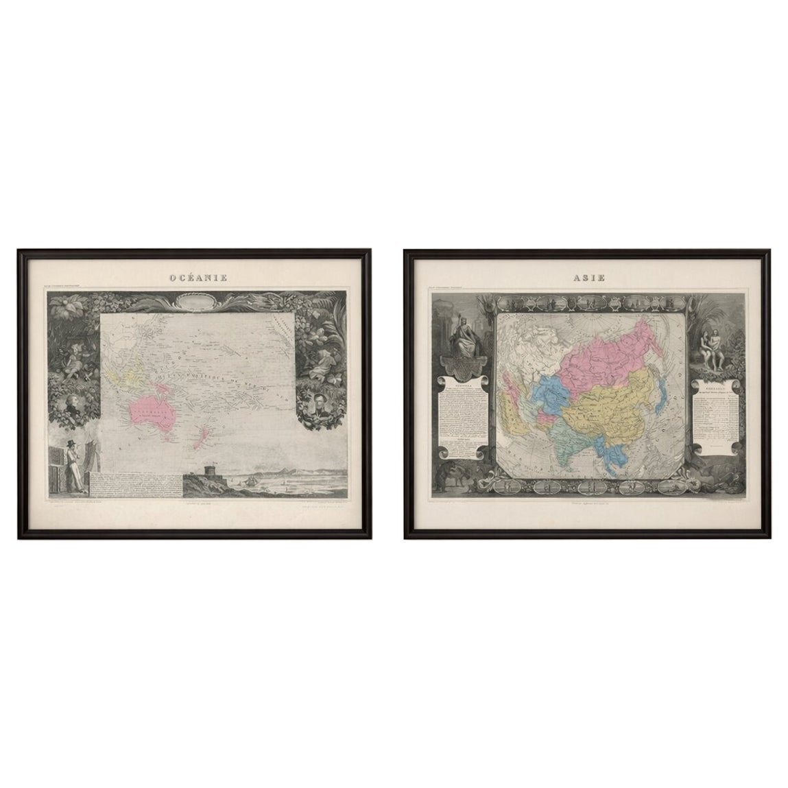 Antique Levasseur Maps Asia & Oceania, Decorative Atlas Pair c.1845