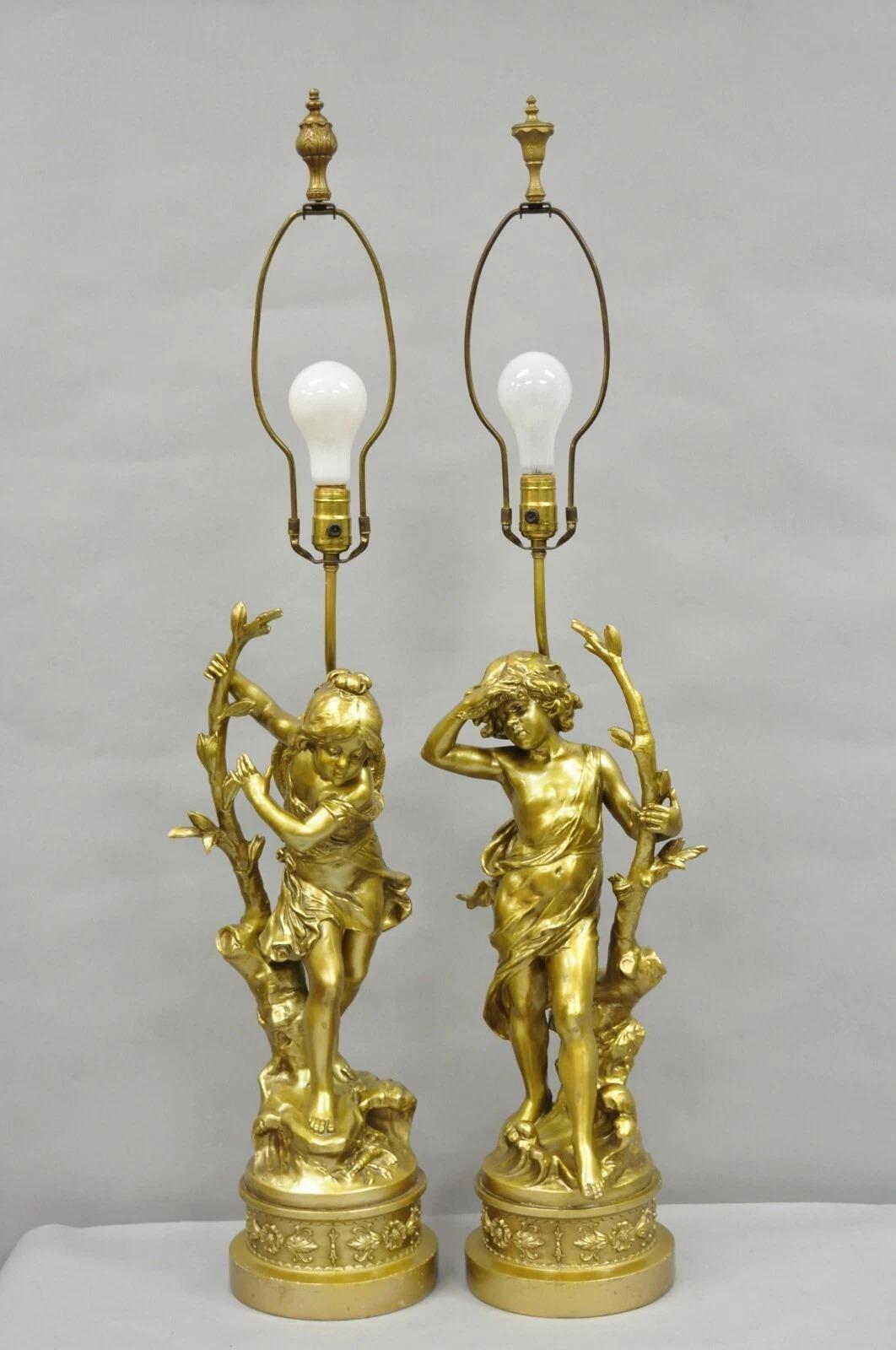 Antique L&F Moreau French Renaissance Gold Paint Metal Figural Table Lamps Pair in vendita 5