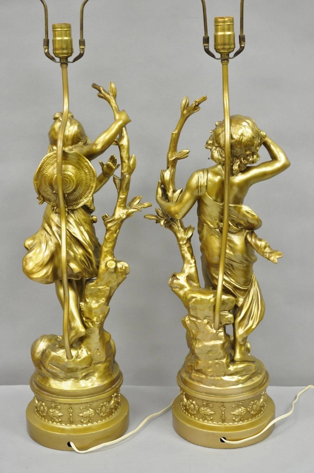 Antique L&F Moreau French Renaissance Gold Paint Metal Figural Table Lamps Pair in vendita 6