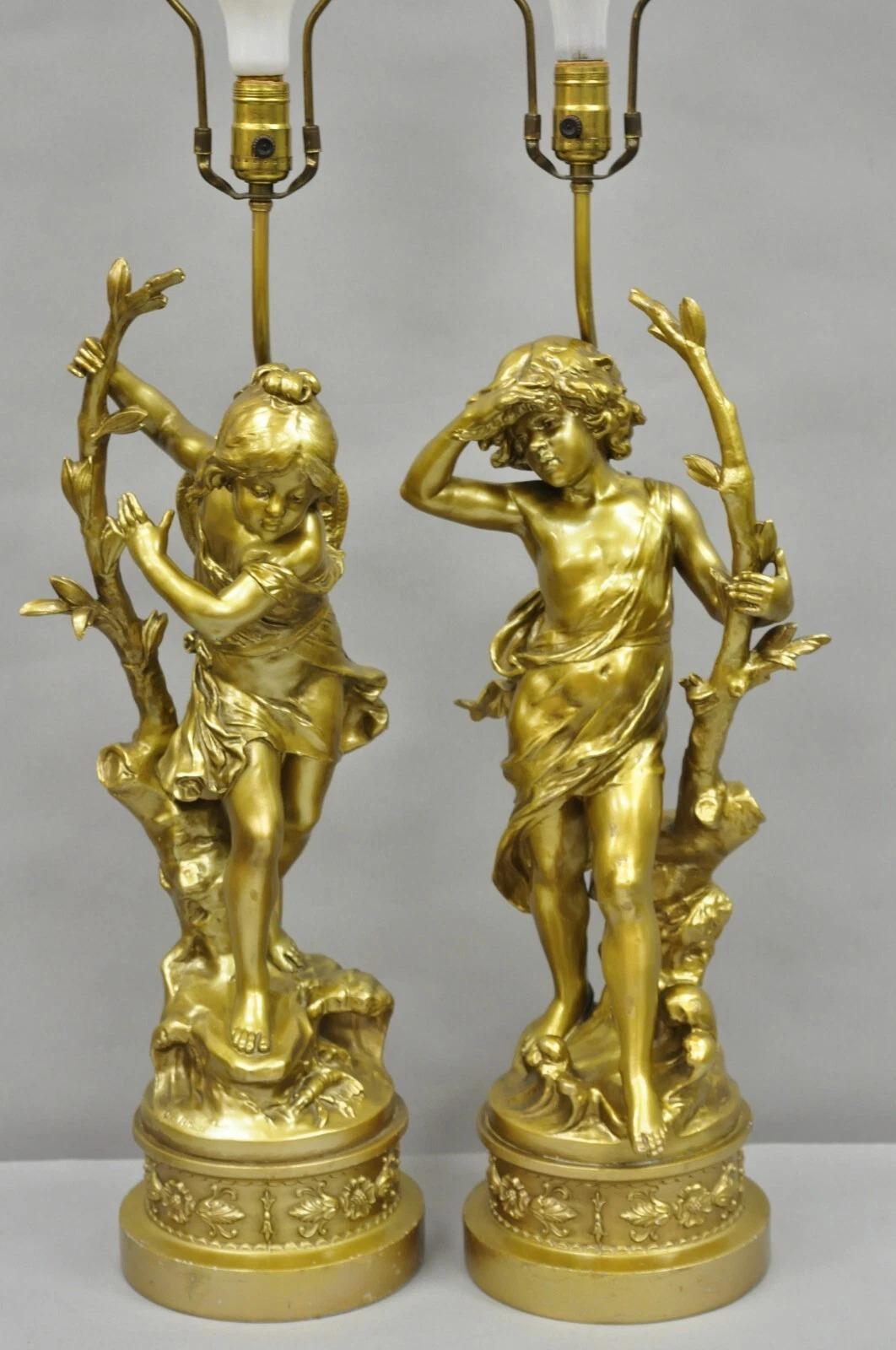 Rinascimento Antique L&F Moreau French Renaissance Gold Paint Metal Figural Table Lamps Pair in vendita