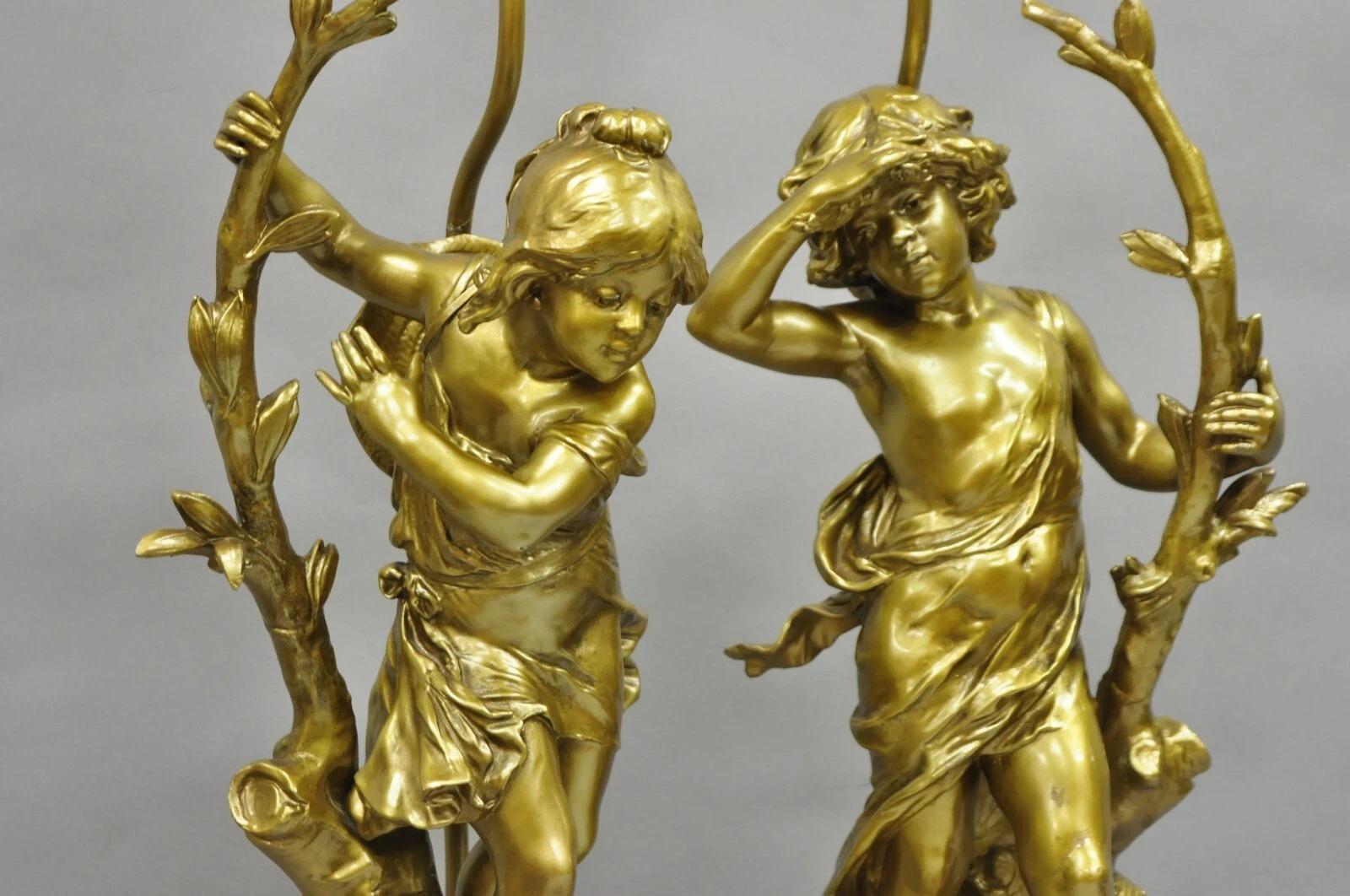 Sconosciuto Antique L&F Moreau French Renaissance Gold Paint Metal Figural Table Lamps Pair in vendita
