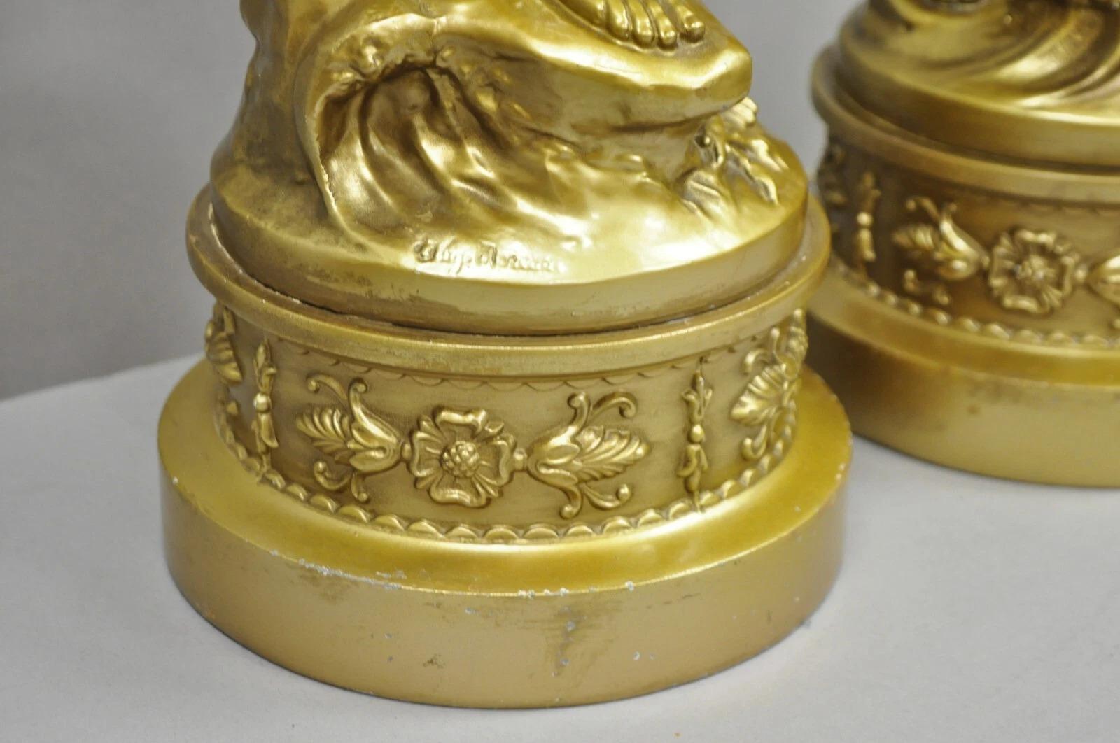 XX secolo Antique L&F Moreau French Renaissance Gold Paint Metal Figural Table Lamps Pair in vendita