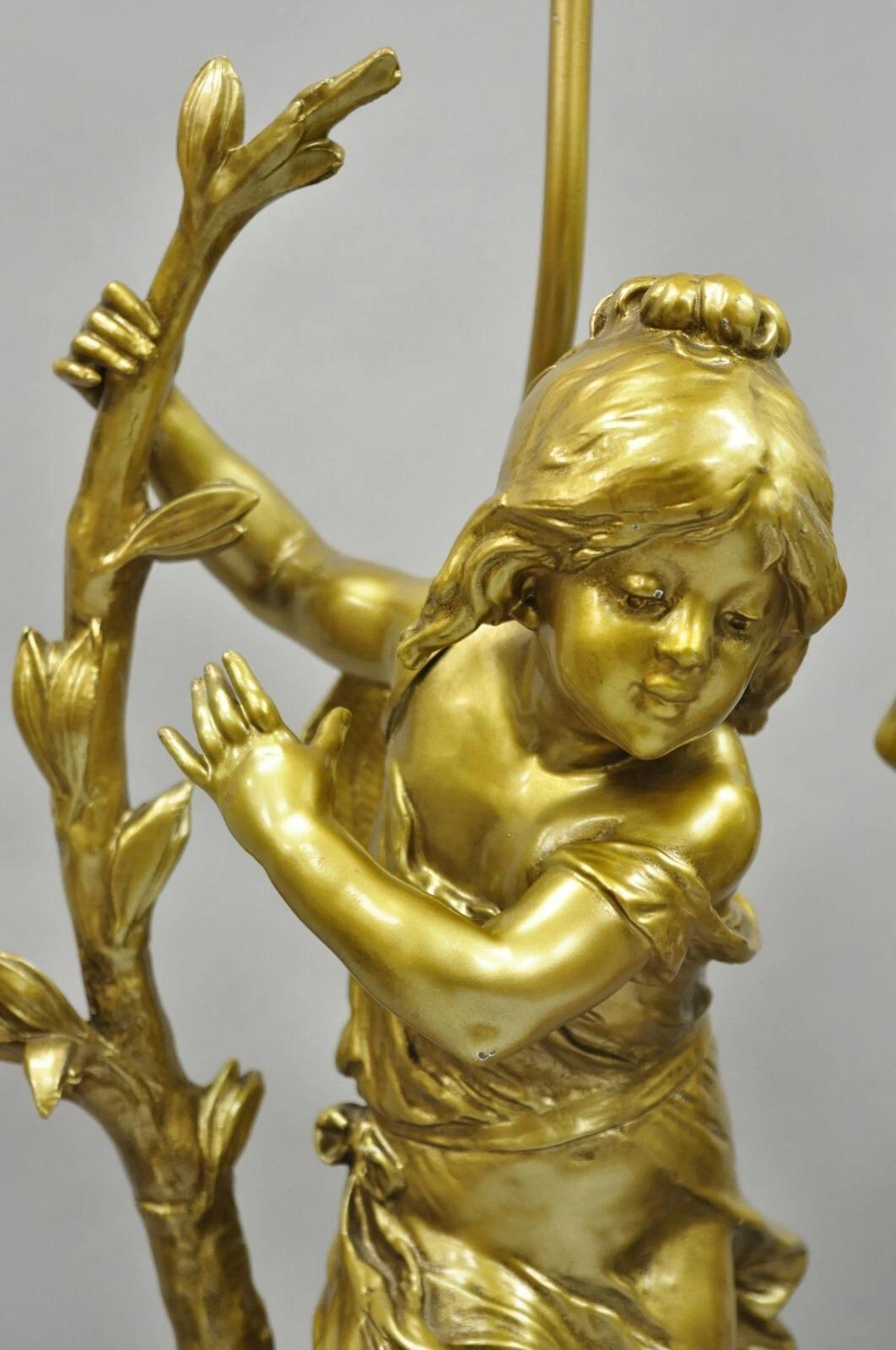 Metallo Antique L&F Moreau French Renaissance Gold Paint Metal Figural Table Lamps Pair in vendita