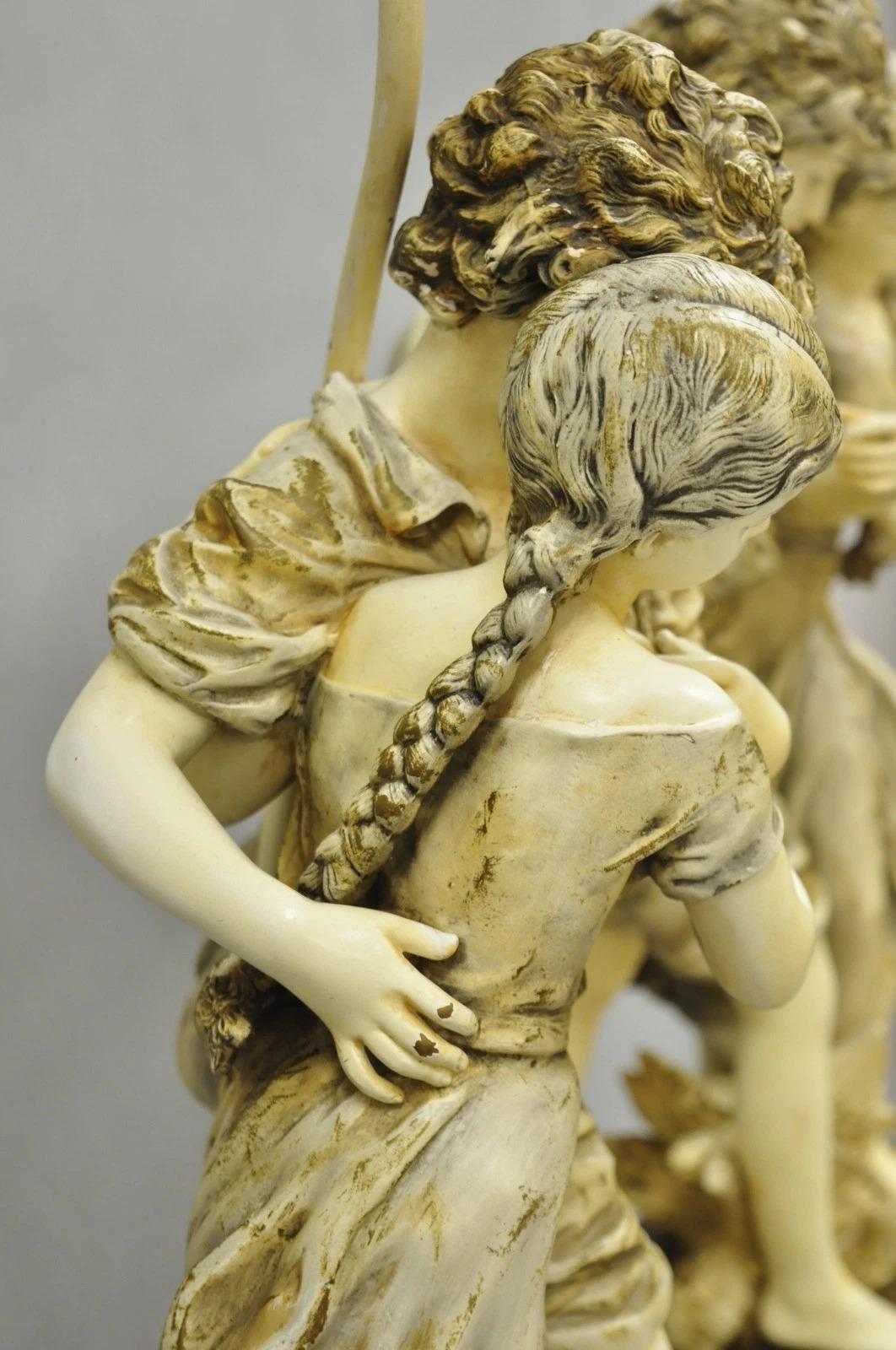 Antique L&F Moreau French Renaissance Large Figural Boy and Girl Table Lamp Coppia di lampade da tavolo in vendita 3