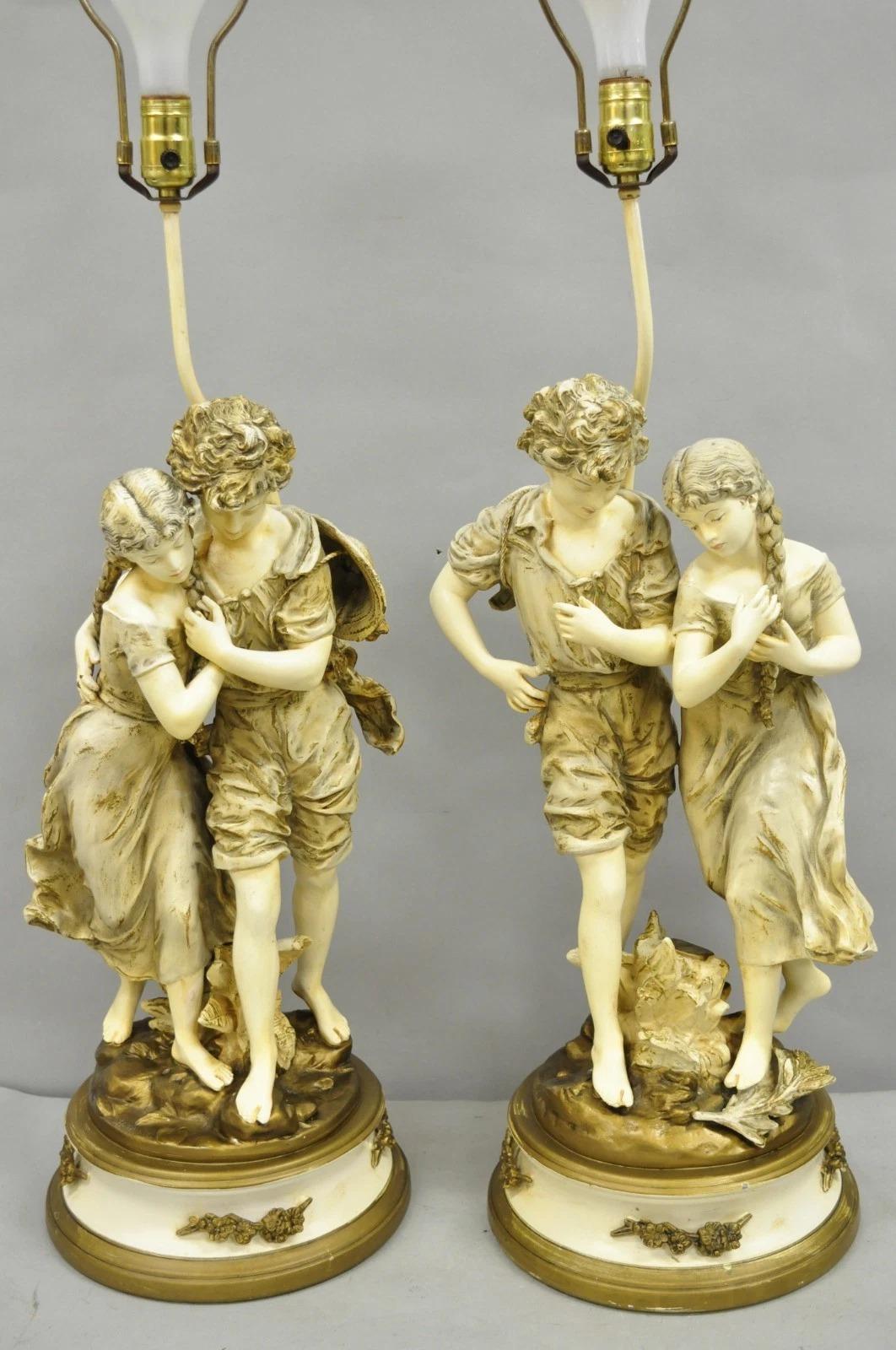 Antique L&F Moreau French Renaissance Large Figural Boy and Girl Table Lamp Coppia di lampade da tavolo in vendita 5