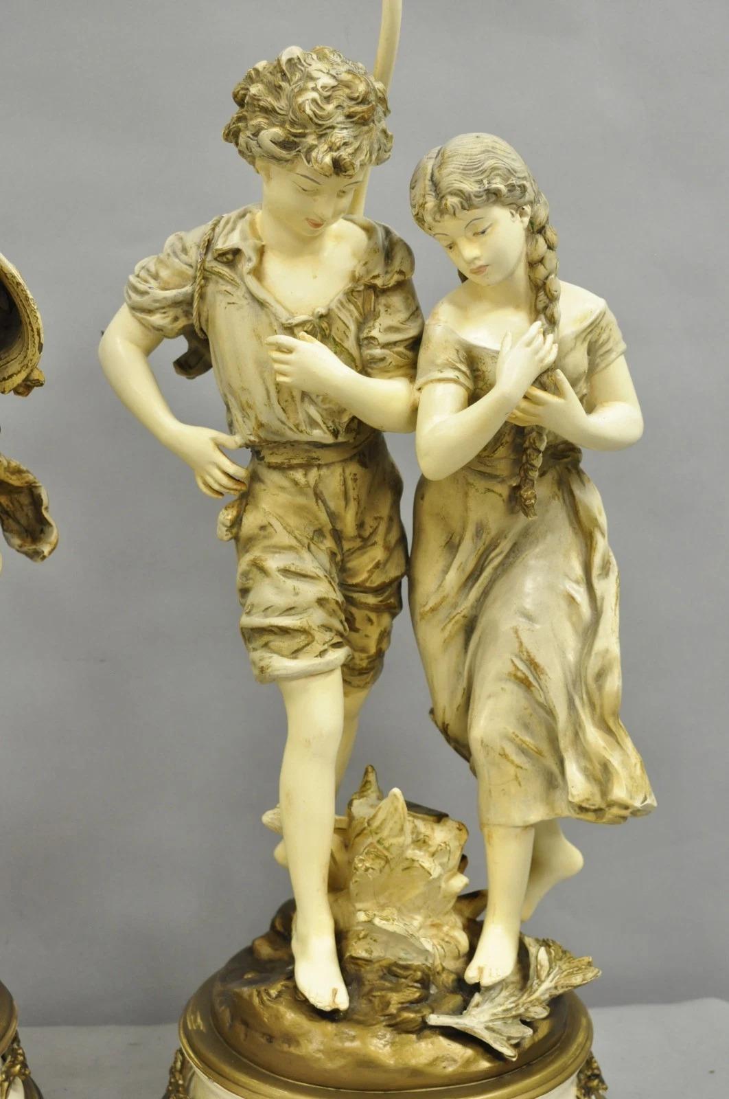 Altro Antique L&F Moreau French Renaissance Large Figural Boy and Girl Table Lamp Coppia di lampade da tavolo in vendita