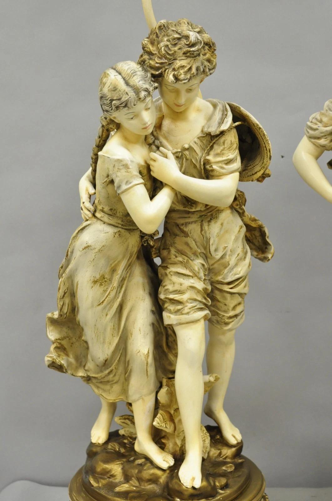 Sconosciuto Antique L&F Moreau French Renaissance Large Figural Boy and Girl Table Lamp Coppia di lampade da tavolo in vendita