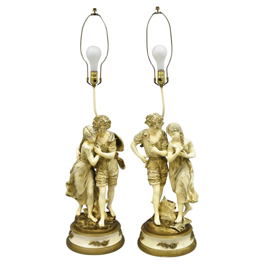 Antique L&F Moreau French Renaissance Large Figural Boy and Girl Table Lamp Coppia di lampade da tavolo in vendita