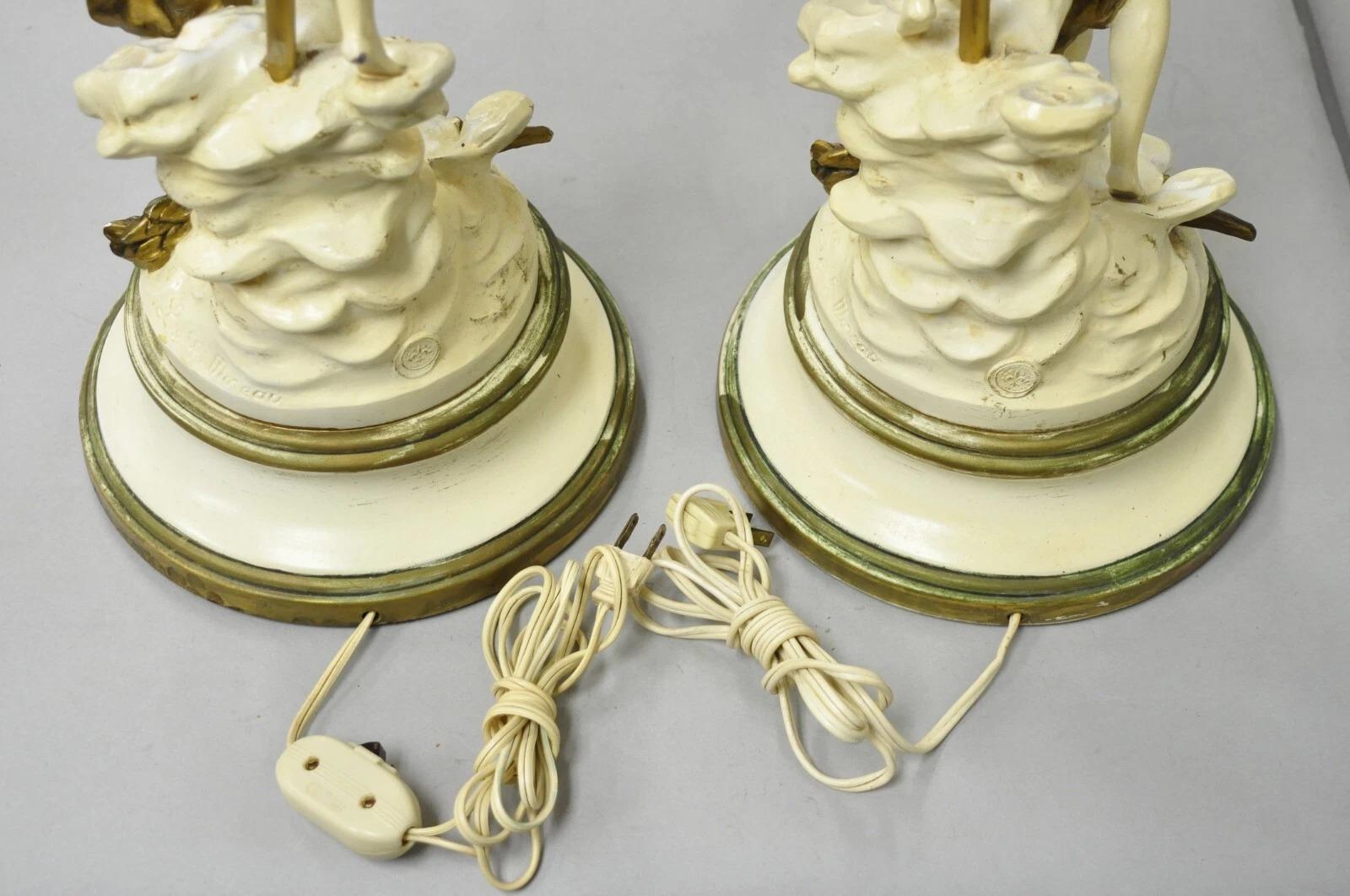 Antique L&F Moreau Spelter Metal Painted Figural Boy and Girl Table Lamp - Pair For Sale 4