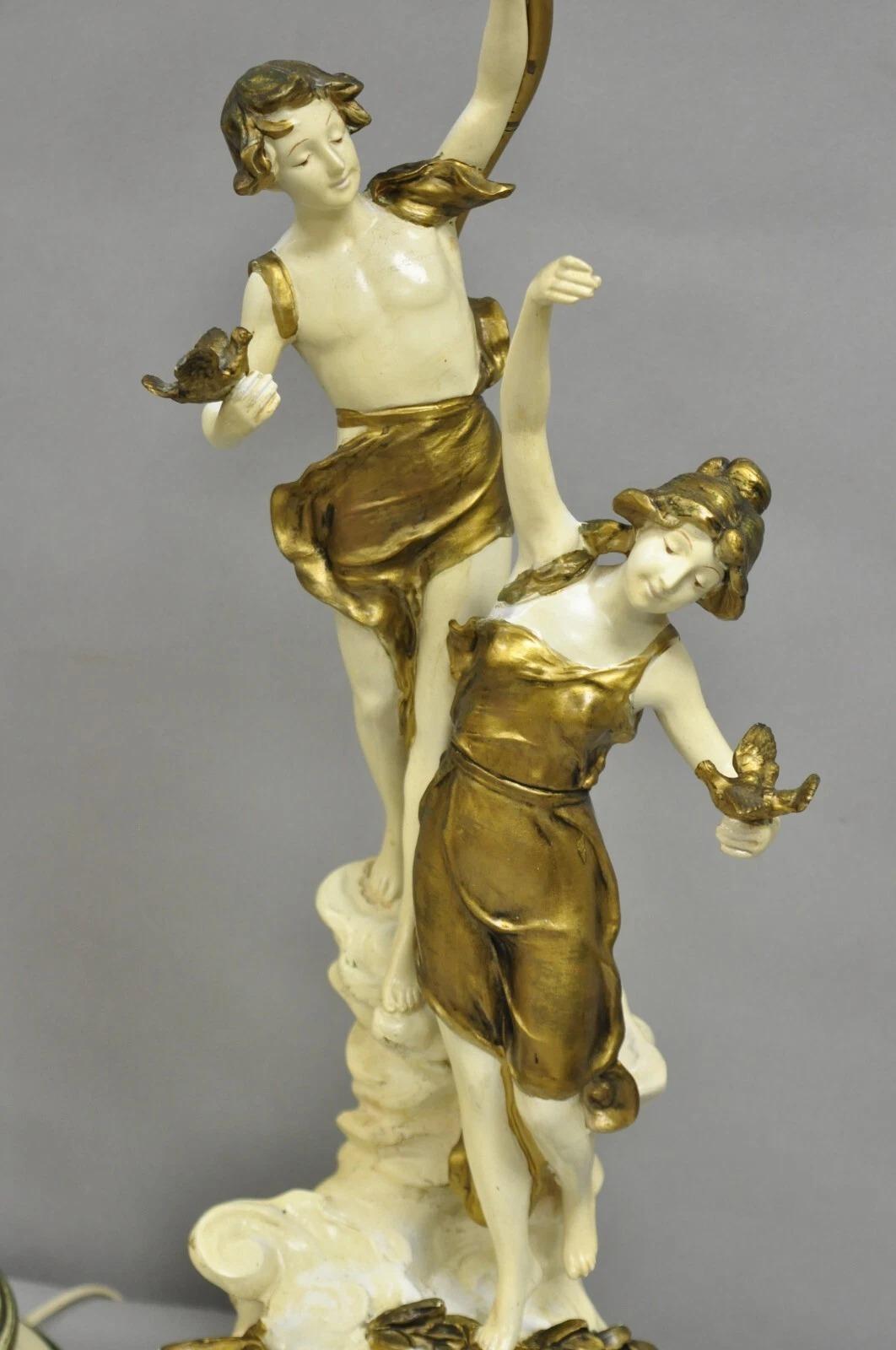 Antique L&F Moreau Spelter Metal Painted Figural Boy and Girl Table Lamp - Pair For Sale 6