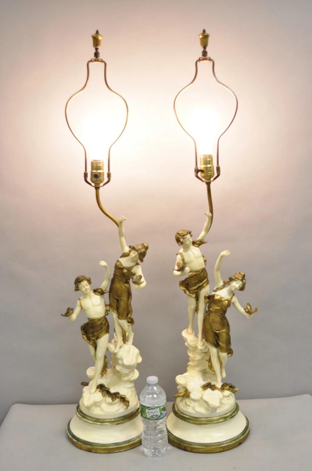 Antique L&F Moreau Spelter Metal Painted Double Figural Boy and Girl Table Lamps - a Pair. Circa Early 20th Century. Measurements: 40