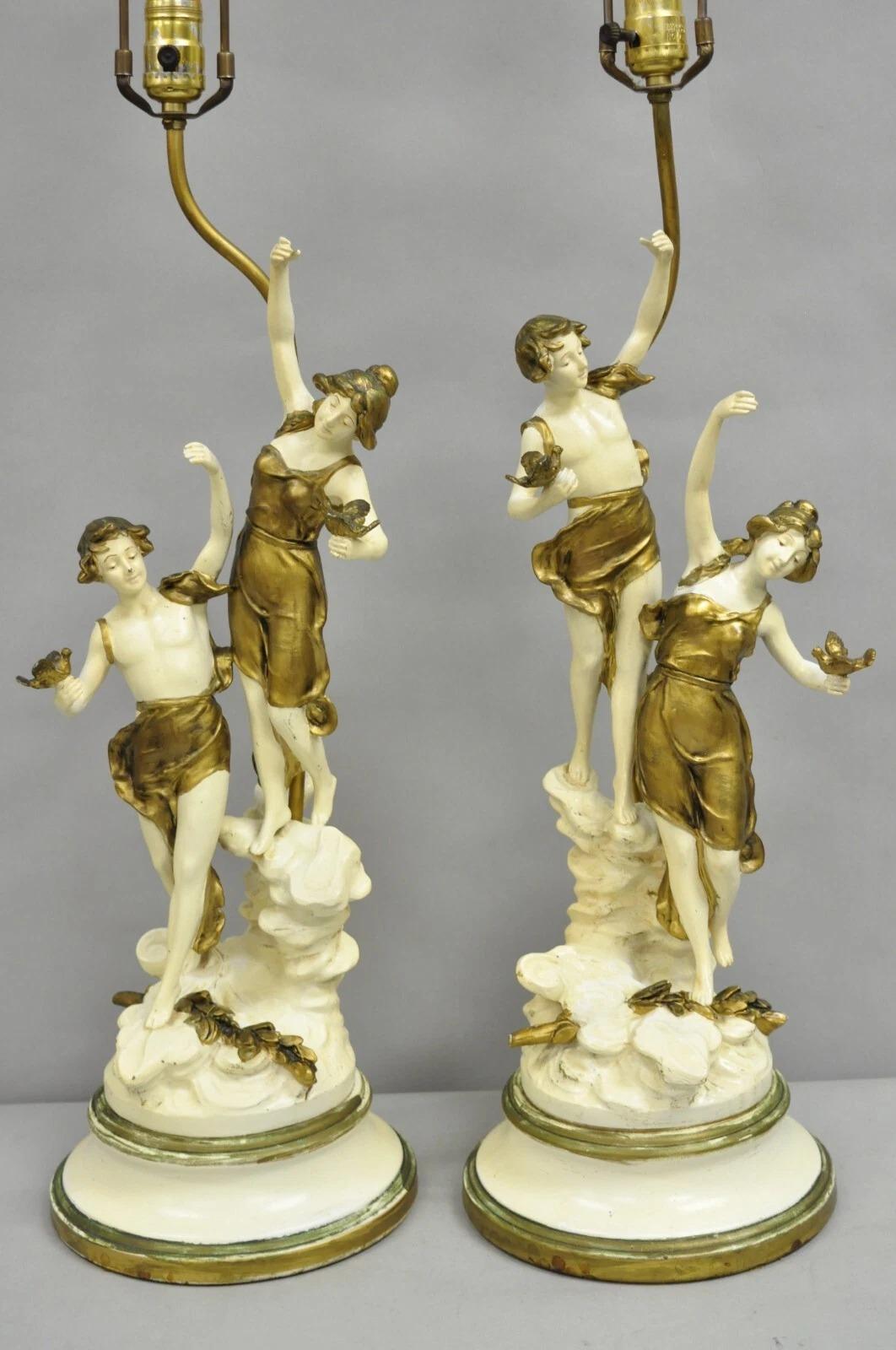 Renaissance Antique L&F Moreau Spelter Metal Painted Figural Boy and Girl Table Lamp - Pair For Sale