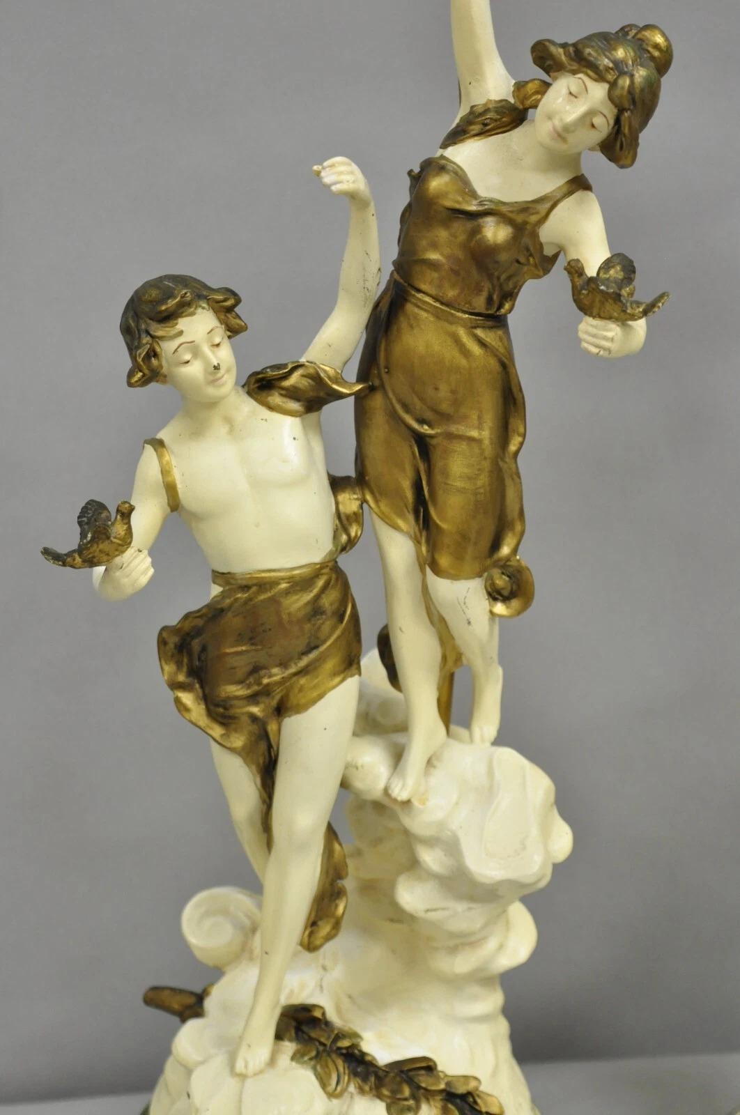 Unknown Antique L&F Moreau Spelter Metal Painted Figural Boy and Girl Table Lamp - Pair For Sale