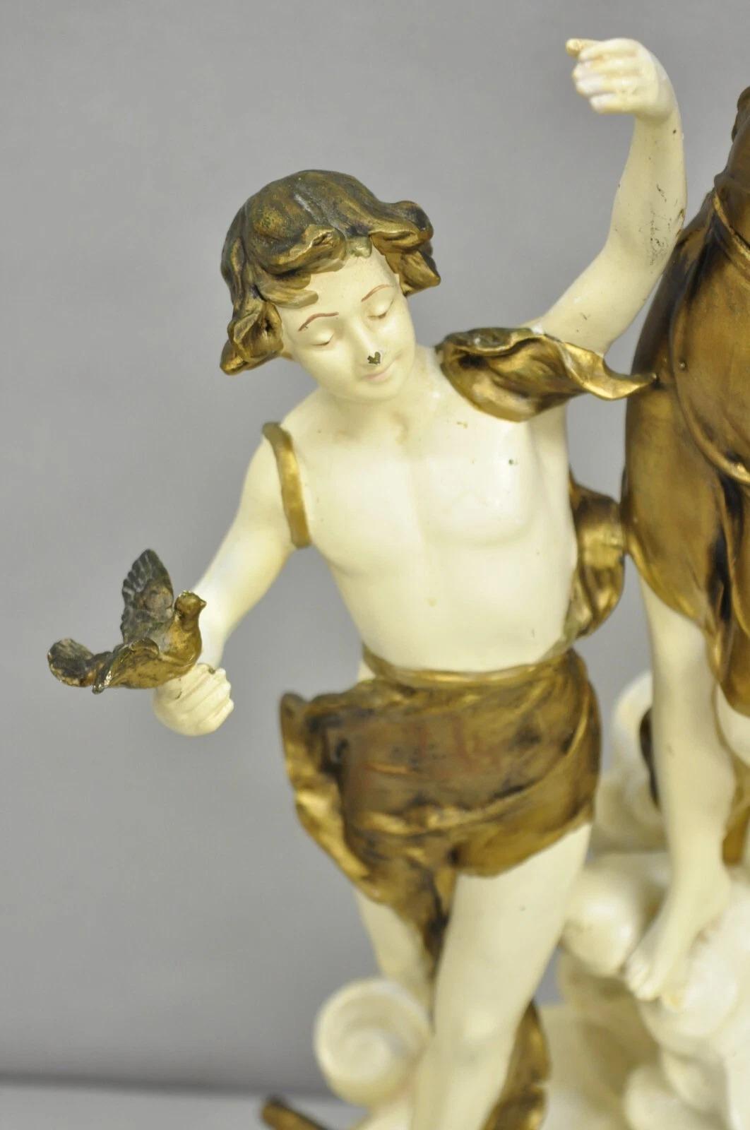Antique L&F Moreau Spelter Metal Painted Figural Boy and Girl Table Lamp - Pair In Good Condition For Sale In Philadelphia, PA