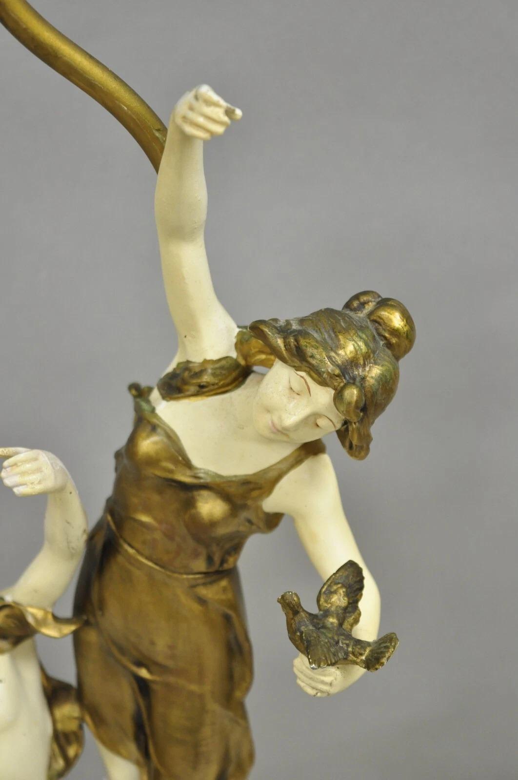 20th Century Antique L&F Moreau Spelter Metal Painted Figural Boy and Girl Table Lamp - Pair For Sale