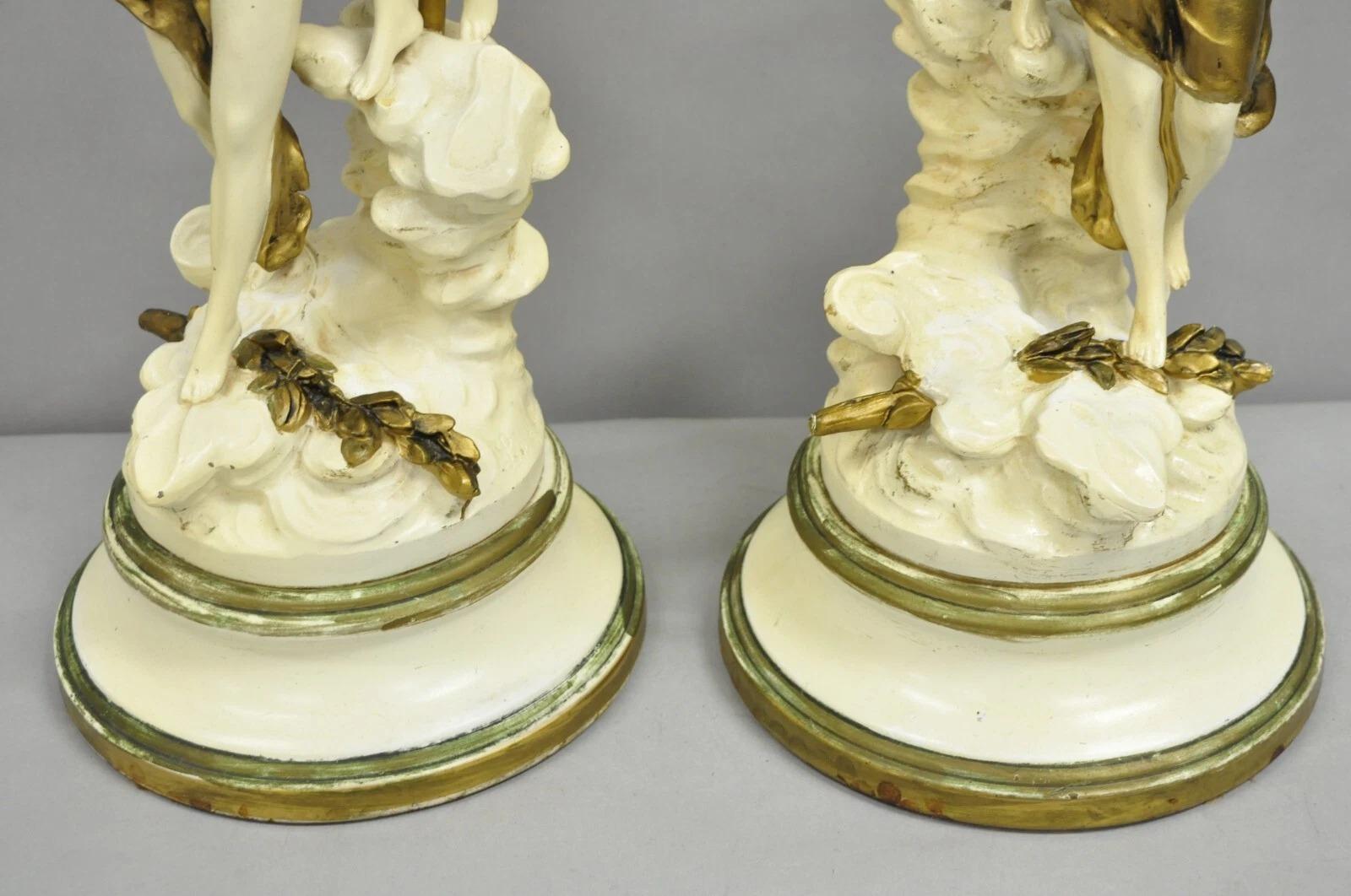 Antique L&F Moreau Spelter Metal Painted Figural Boy and Girl Table Lamp - Pair For Sale 1