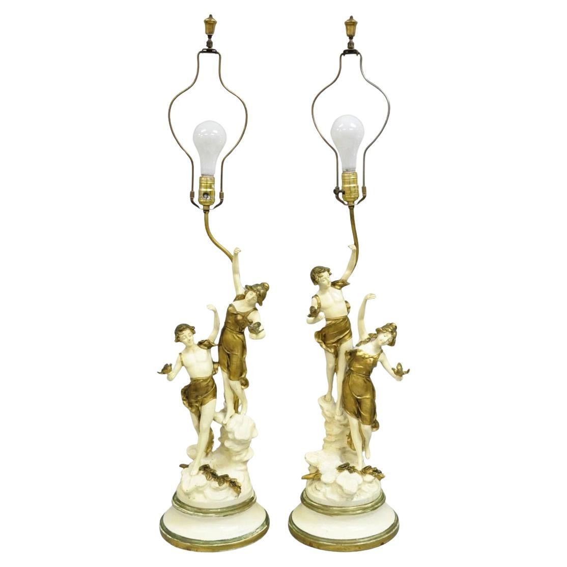 Antique L&F Moreau Spelter Metal Painted Figural Boy and Girl Table Lamp - Pair