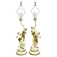 Antique L&F Moreau Spelter Metal Painted Figural Boy and Girl Table Lamp - Pair