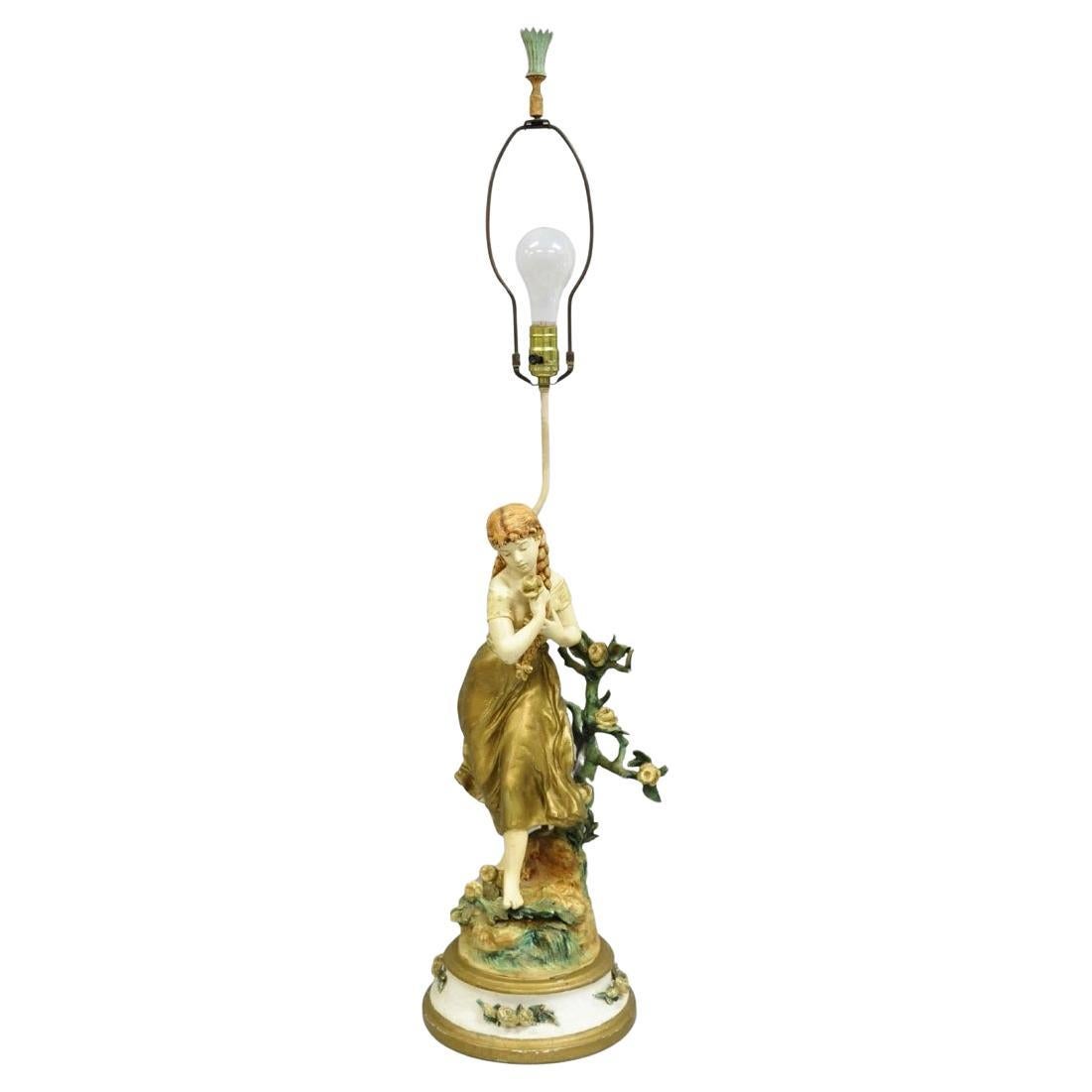 Antique L&F Moreau Spelter Metal Painted Figural "Young Girl" Table Lamp