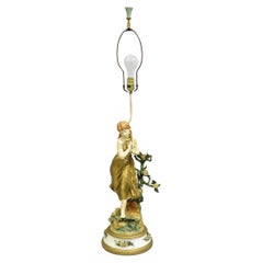 Antique L&F Moreau Spelter Metal Painted Figural "Young Girl" Table Lamp