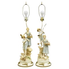 Antique L&F Moreau Victorian Painted Spelter Metal Figural Table Lamps - a Pair