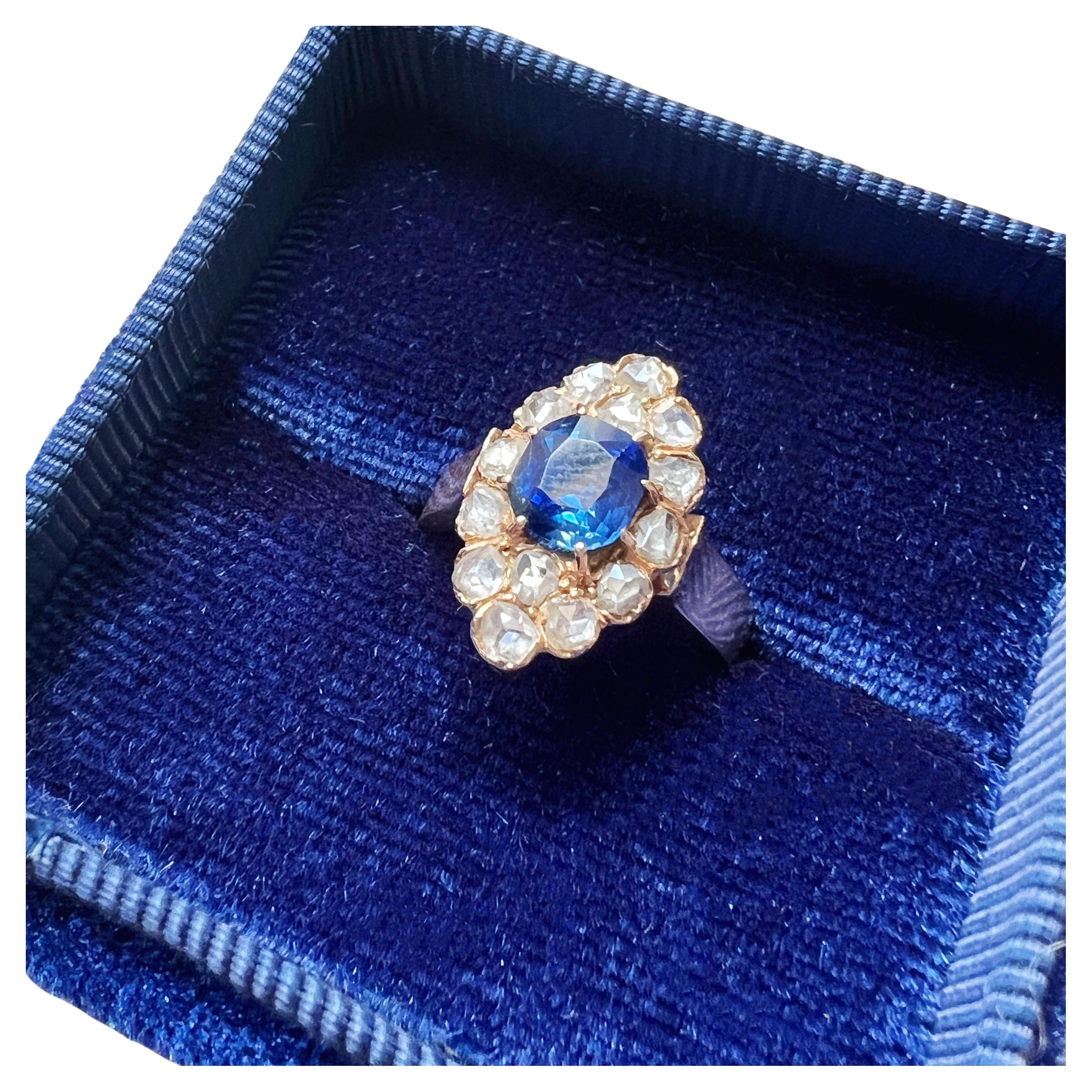 For sale a Victorian era 18K yellow gold, LFG certified natural unheated blue sapphire diamond ring.

At the heart of the ring is a breathtaking old cushion-cut blue sapphire that steals the spotlight. The sapphire's well-saturated royal blue color