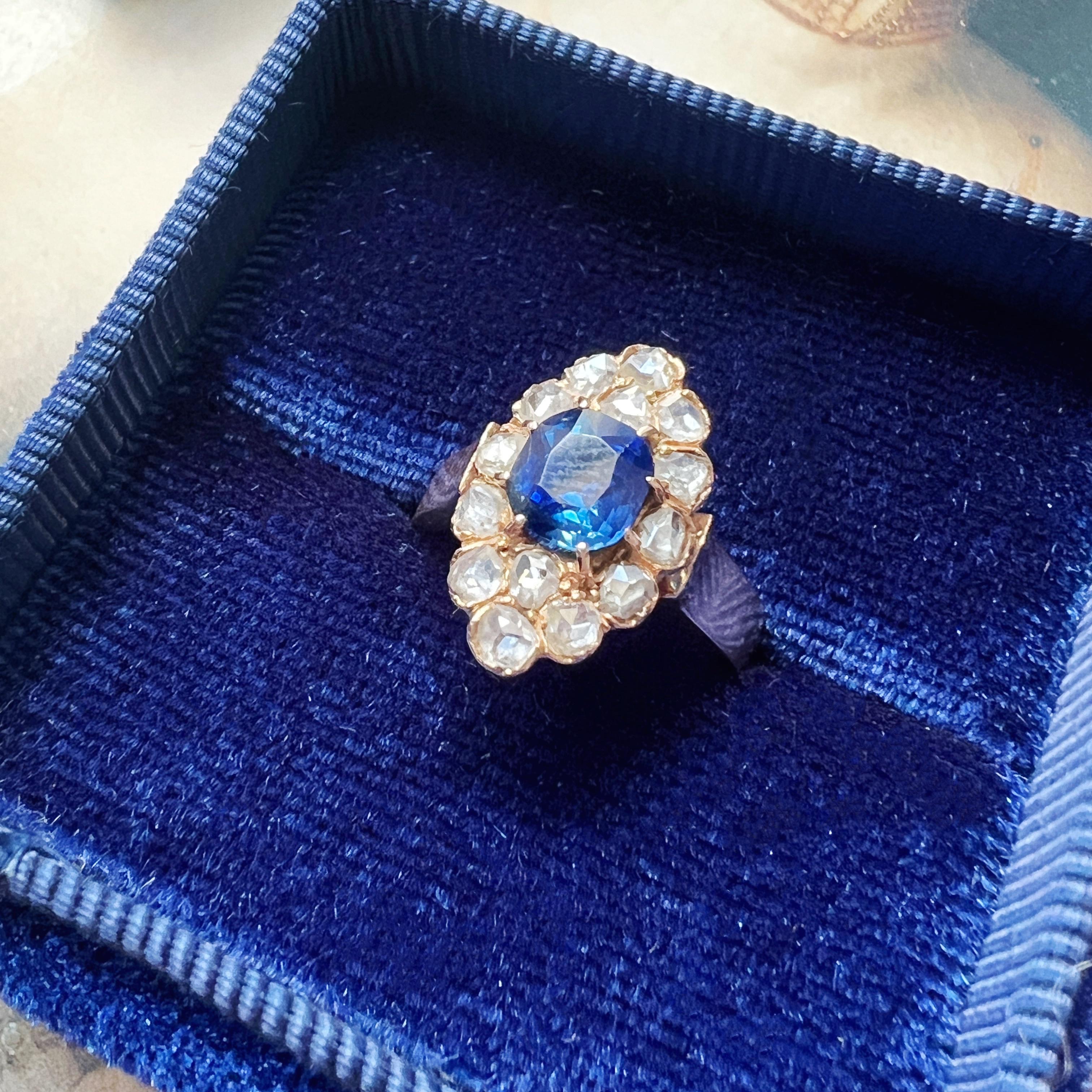 Victorian Antique LFG certified natural unheated blue sapphire diamond marquise ring