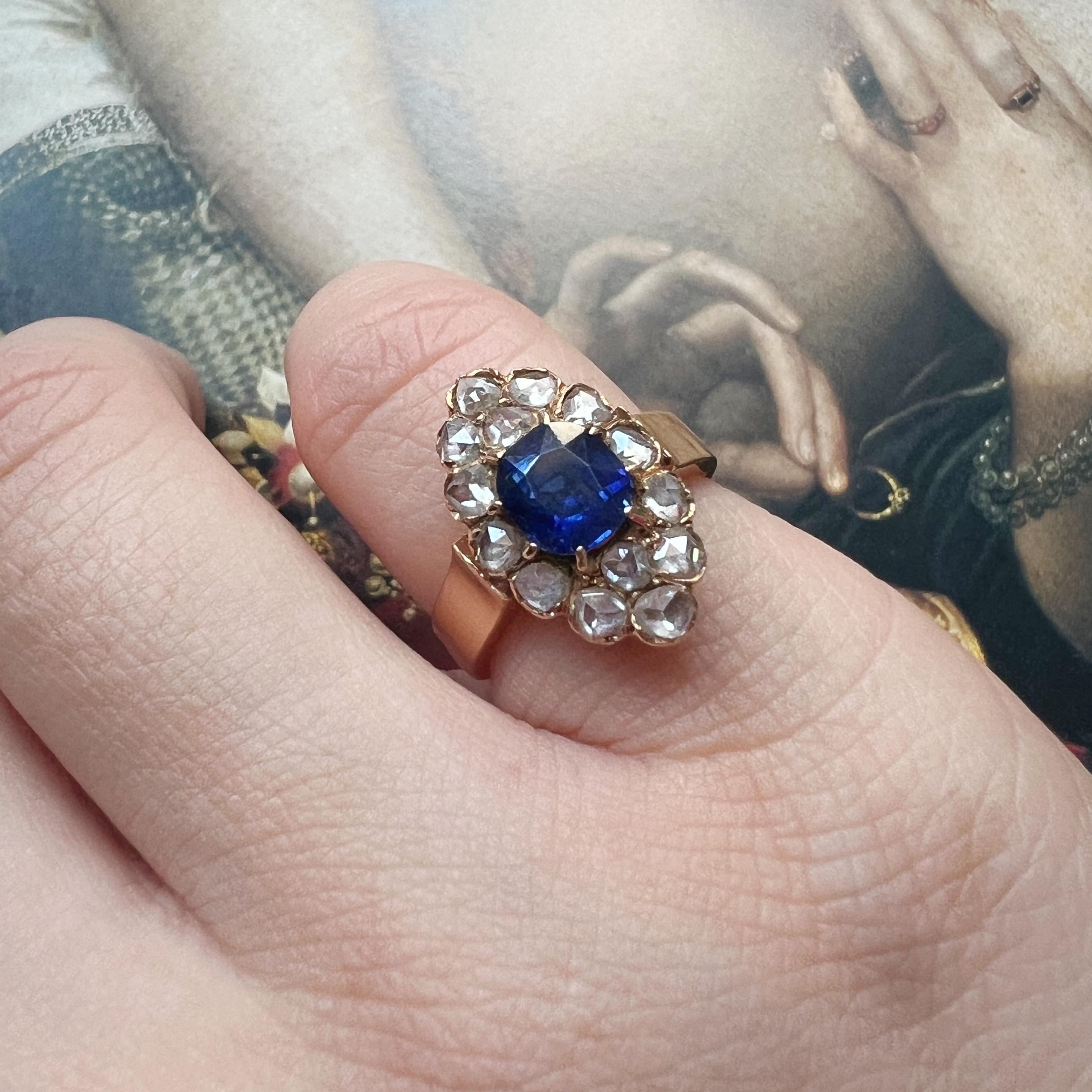 Antique Cushion Cut Antique LFG certified natural unheated blue sapphire diamond marquise ring