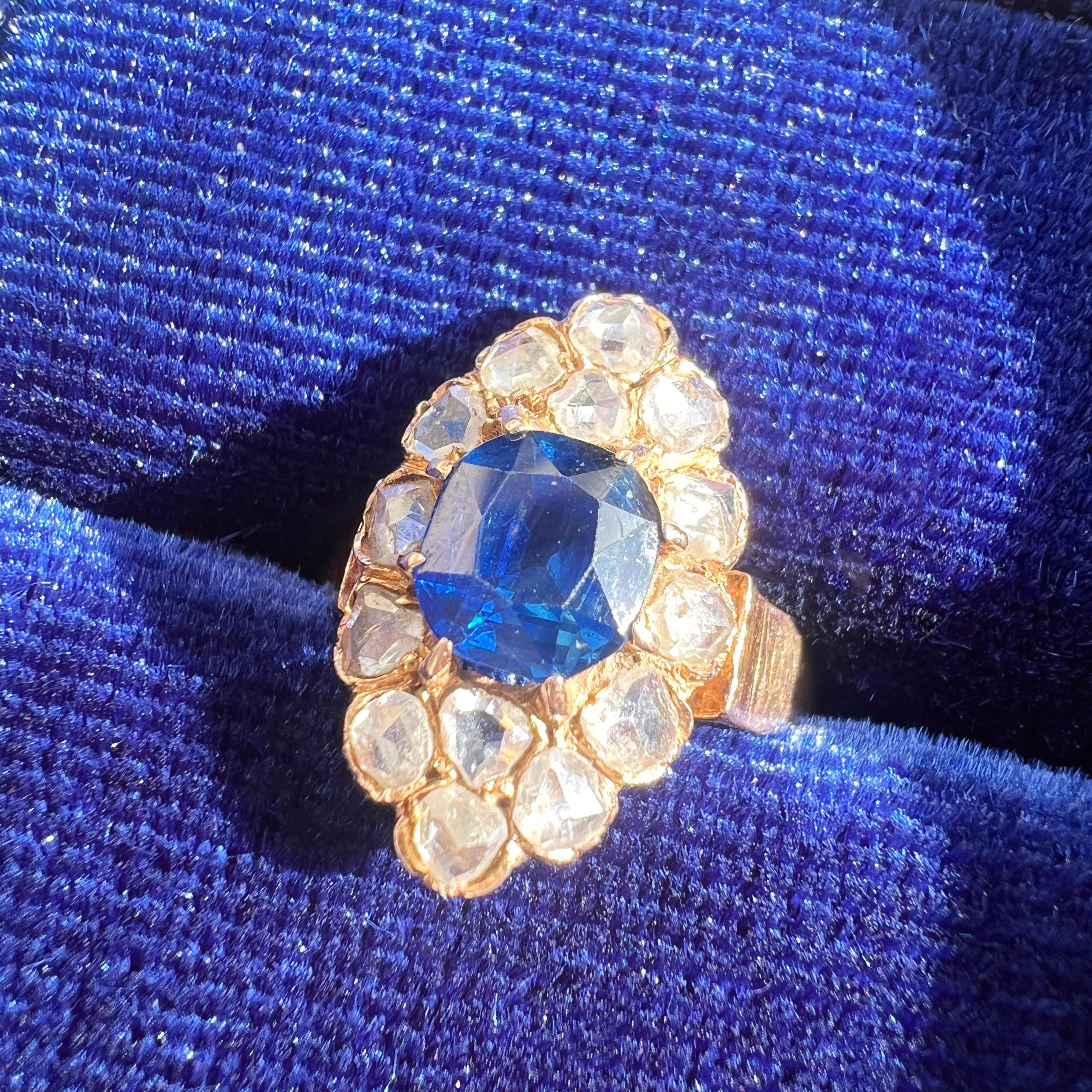Antique LFG certified natural unheated blue sapphire diamond marquise ring 3