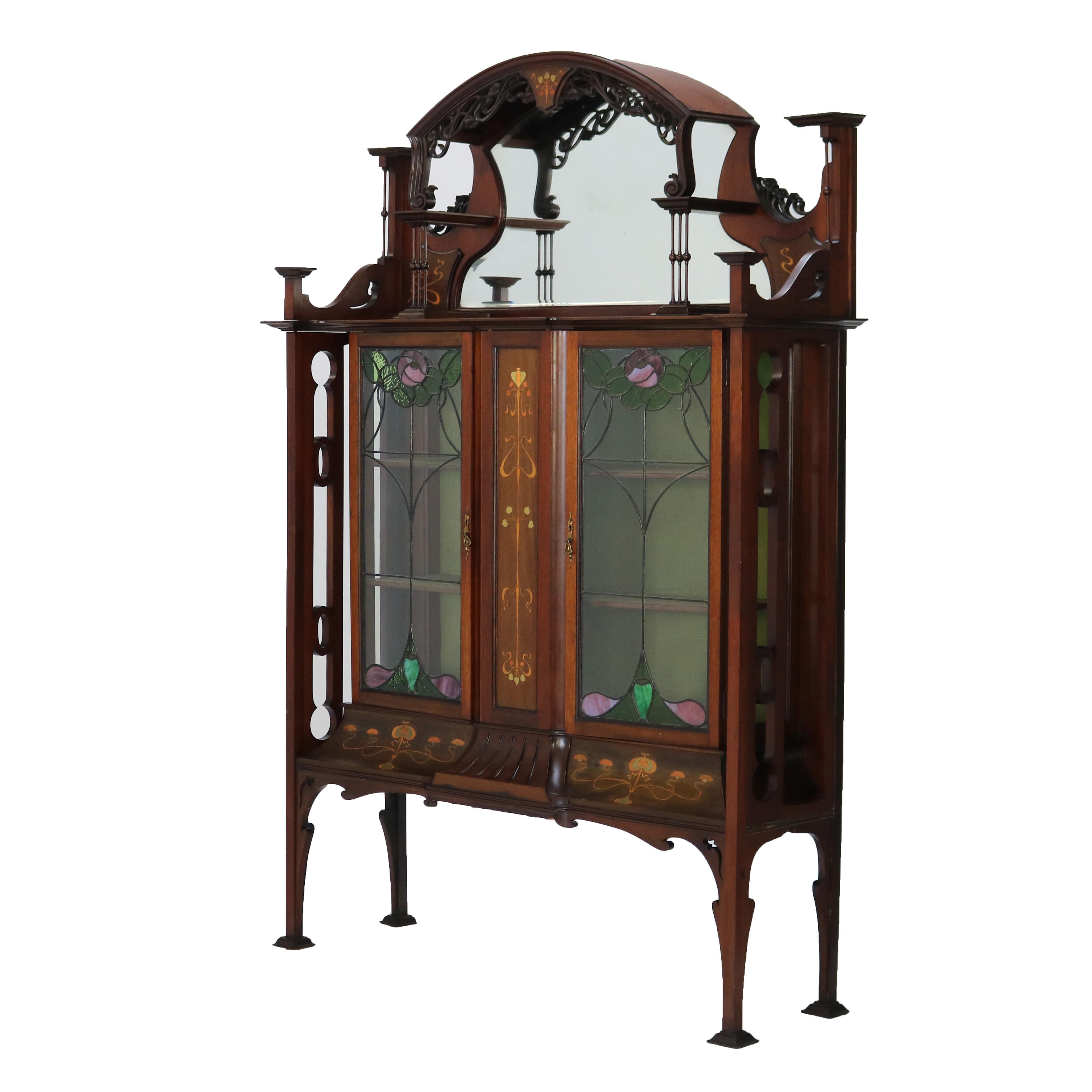 Antiguo Liberty & Co. Arts & Crafts Armario para China de Caoba Tallada e Incrustaciones C1910