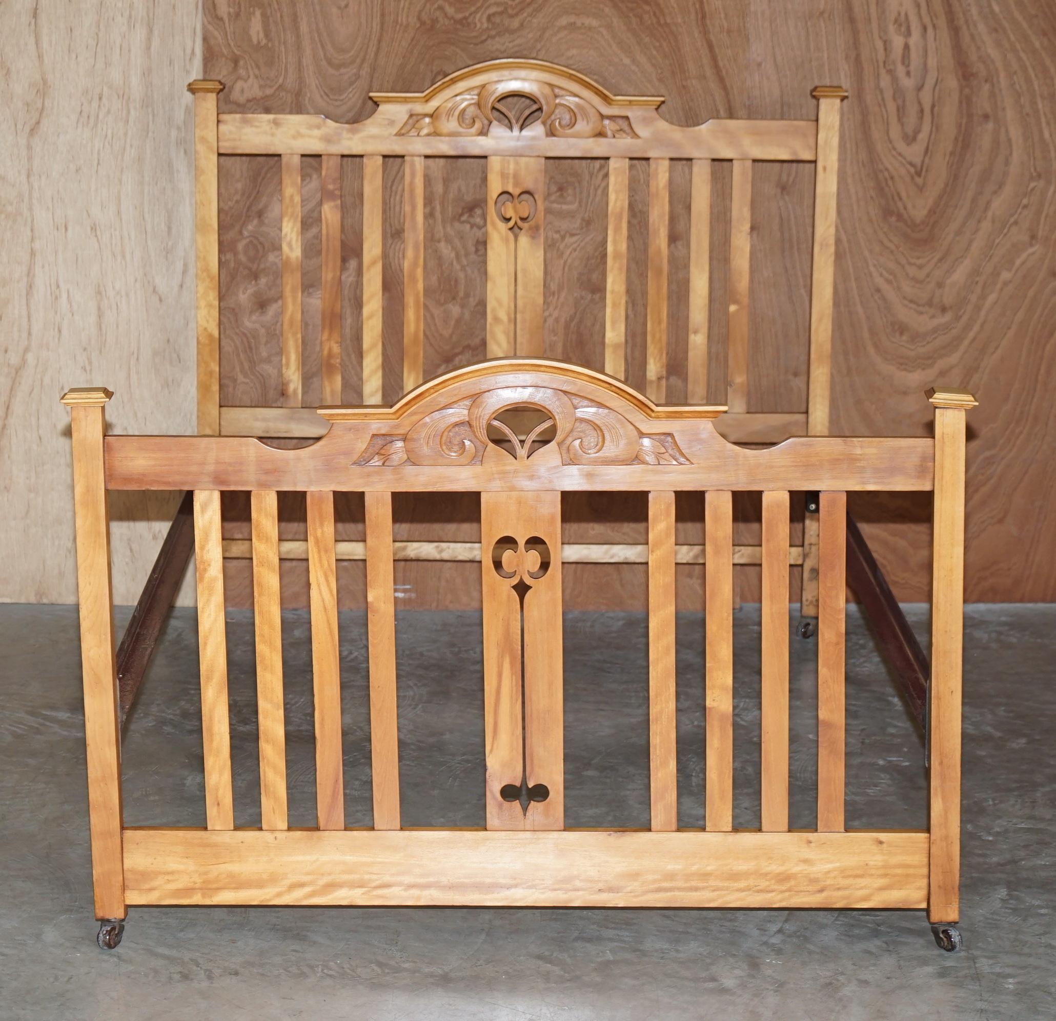 We are delighted to offer for sale this sublime Liberty’s London Art Nouveau bed frame with original oversized porcelain castors

A very good looking and well made bed frame, designed by Liberty’s London in the Arcibold Knox taste, its all