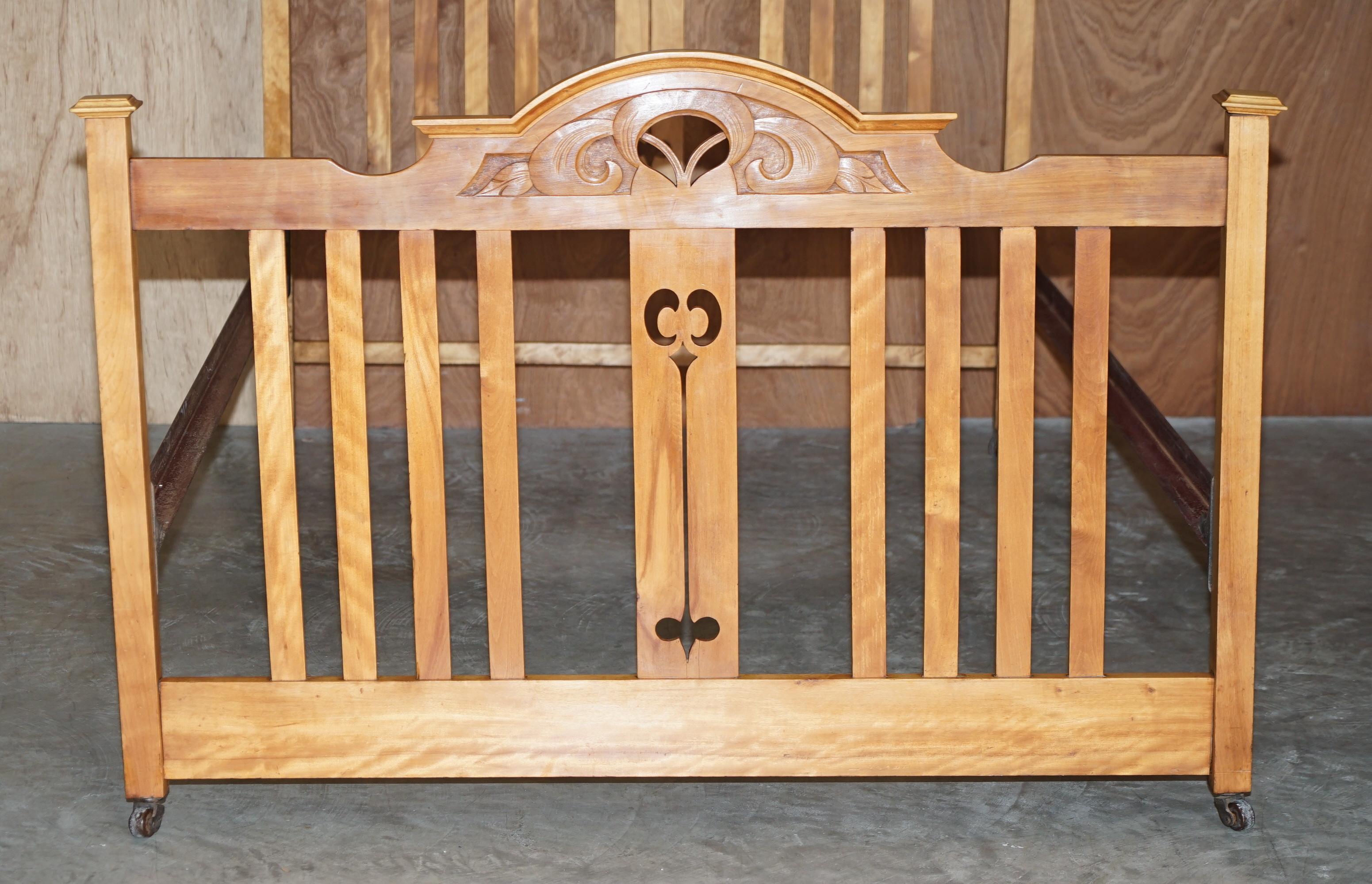 Hand-Crafted Antique Liberty London Art Nouveau Double Bed Frame in Lightly Burred Satinwood