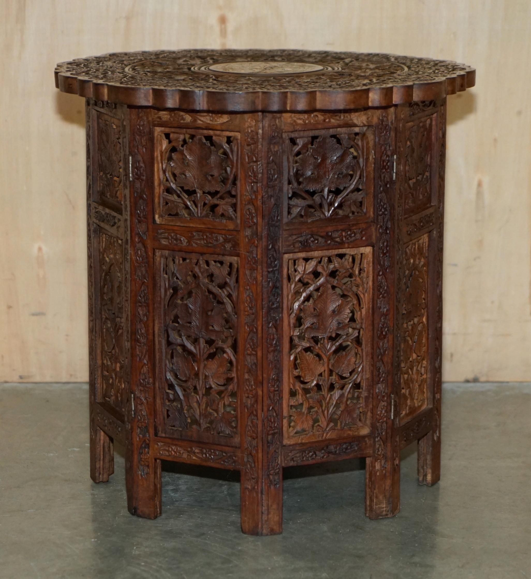 Wood ANTIQUE LIBERTY'S VICTORIAN CIRCA 1880 INLAID SYRIAN HAND CARVED FOLDiNG TABLE For Sale