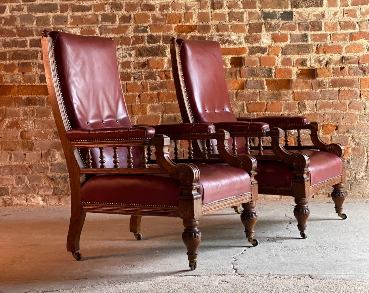 Antique Library Armchairs, Oak and Leather, England, circa 1860 4