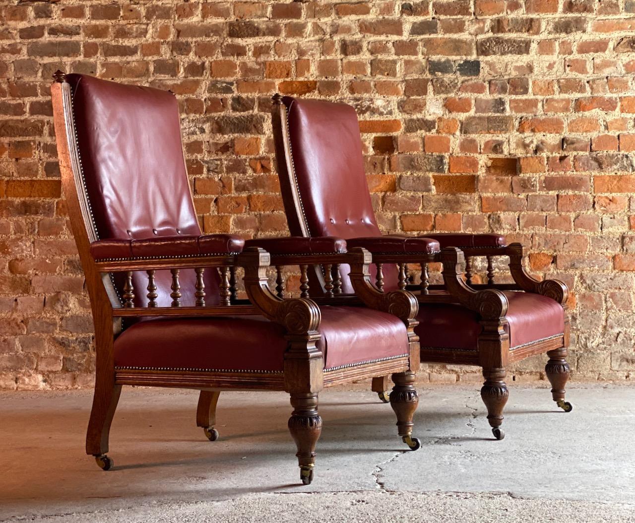 Antique Library Armchairs, Oak and Leather, England, circa 1860 5