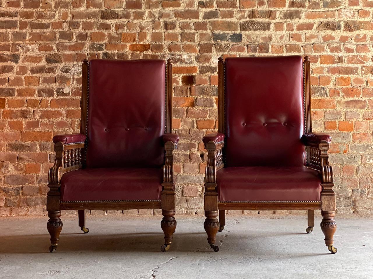 Antique Library Armchairs, Oak and Leather, England, circa 1860 2