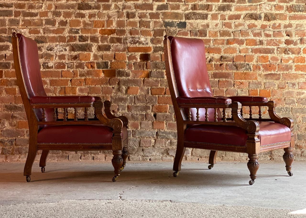Antique Library Armchairs, Oak and Leather, England, circa 1860 3