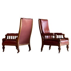 Antique Library Armchairs, Oak and Leather, England, circa 1860